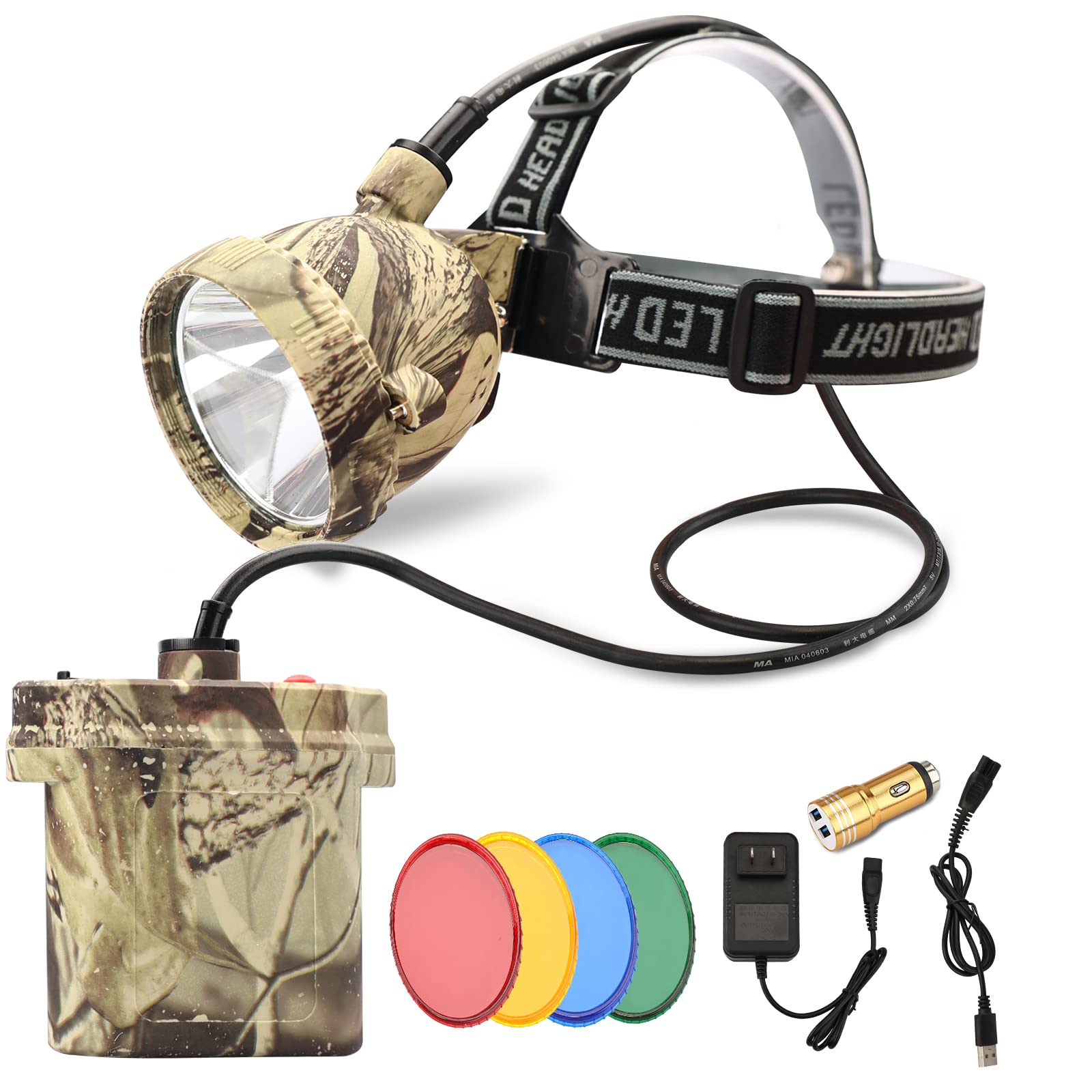 DUMPMAN Rechargeable Camo Coon Hunting Headlamp - Waterproof, 6 Lighting Modes, 4 LEDs (White, Red, Green, Amber) for Night Work
