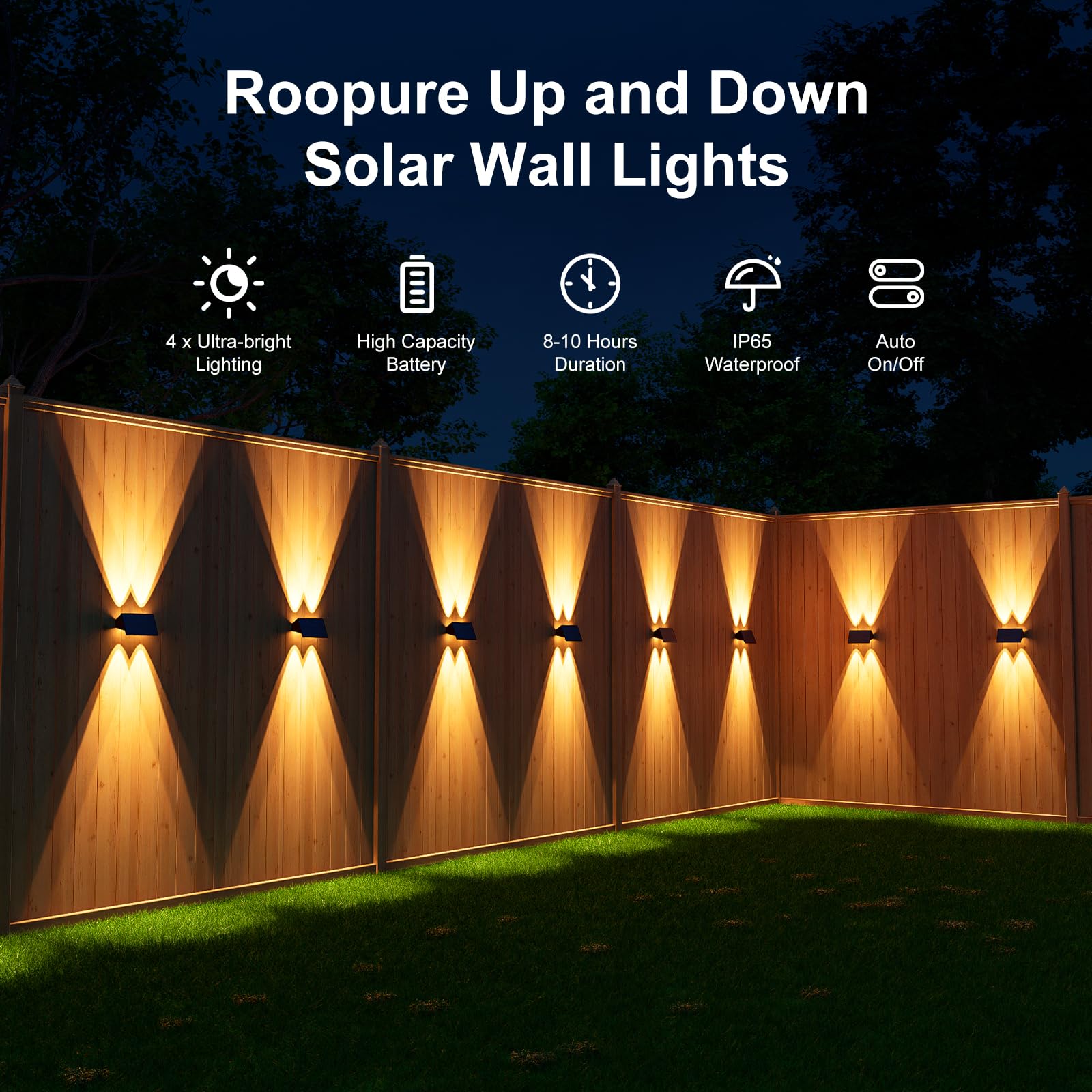 Roopure Solar Powered Wall Lights, 4 Pack, Waterproof LED Lamps, Warm White, Model CA0616WW-4P, for Outdoor Use