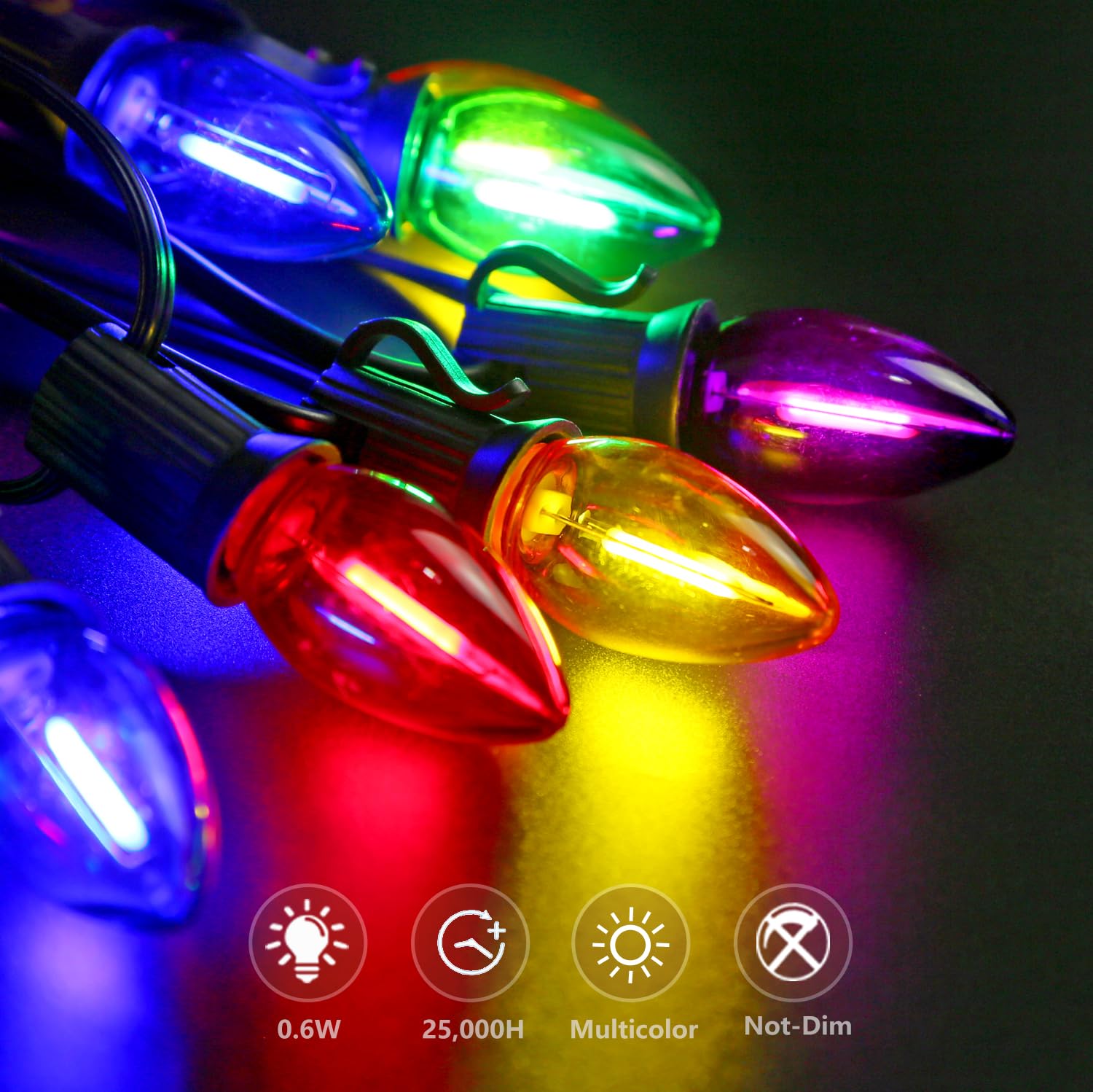 Kgc 25Pack C7 Led Christmas Light Bulb, C7 Shatterproof Led Bulbs For Christmas Outdoor String Lights, 0.6W 7W Incandescent Equivalent 50Lm, E12 Base Commercial Grade Holiday Bulbs - Multicolor