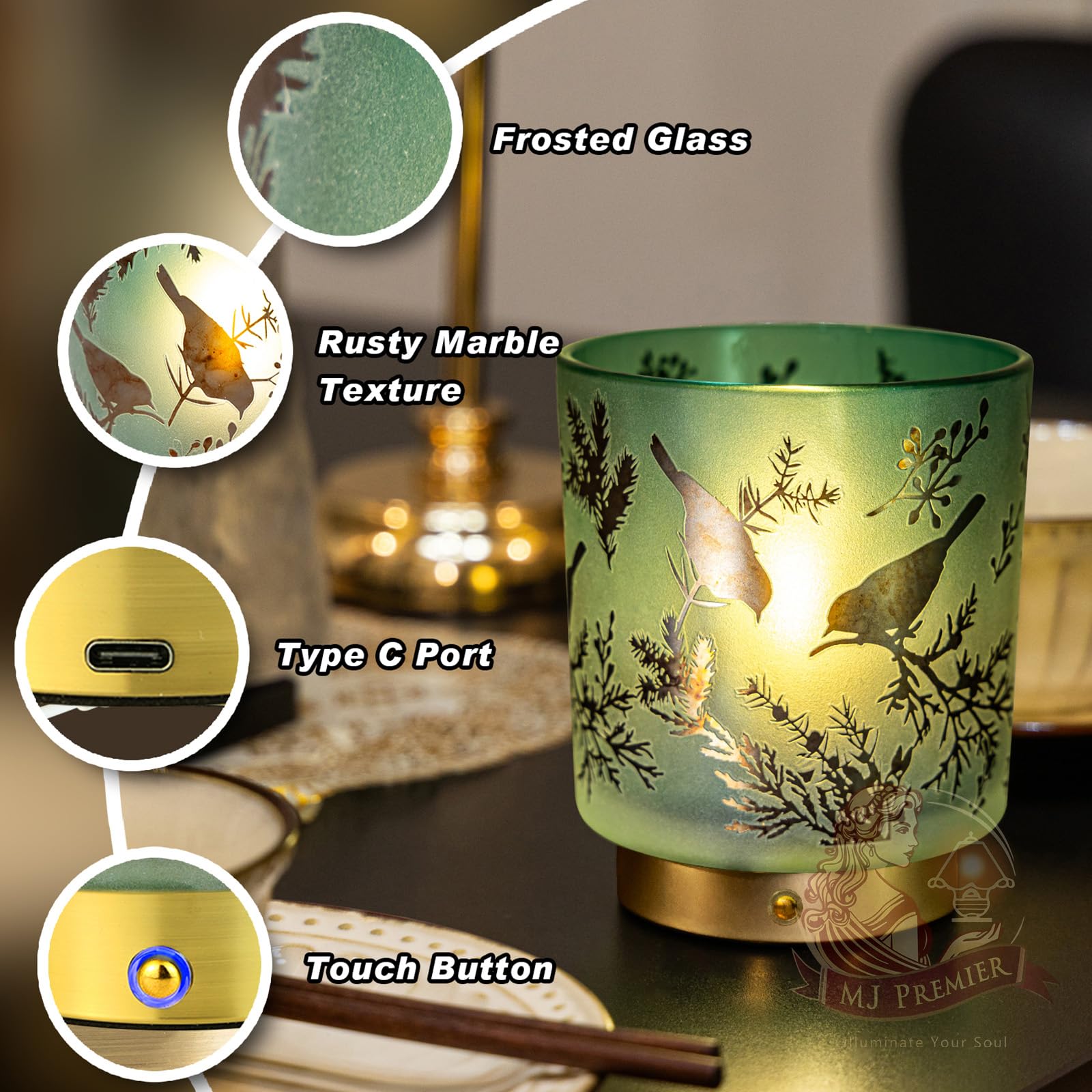 Mj Premier Cordless Rechargeable Glass Table Lamp - Touch Control Dimmable Portable Accent Light