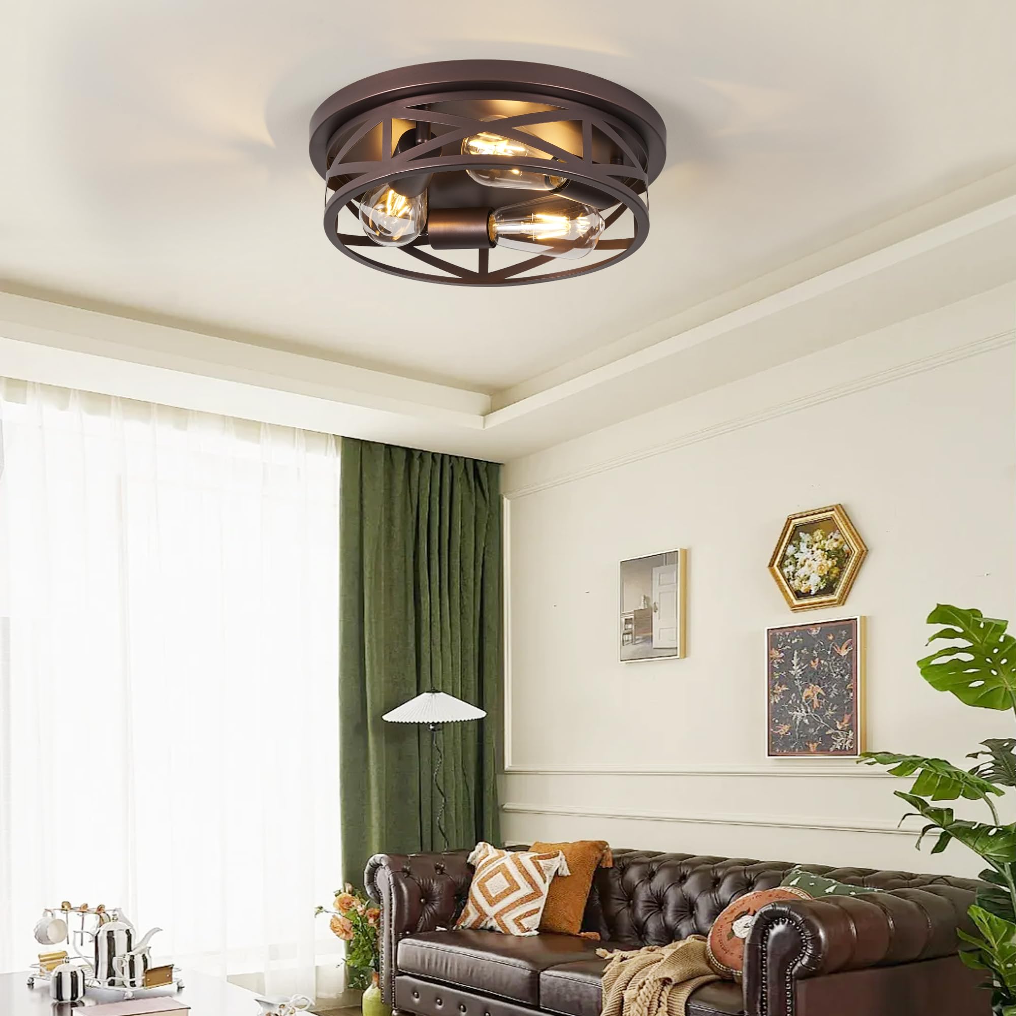 piano7797 3-Light Flush Mount Ceiling Light, Brown Metal Fixtures, 2 Pack, Model PACL003