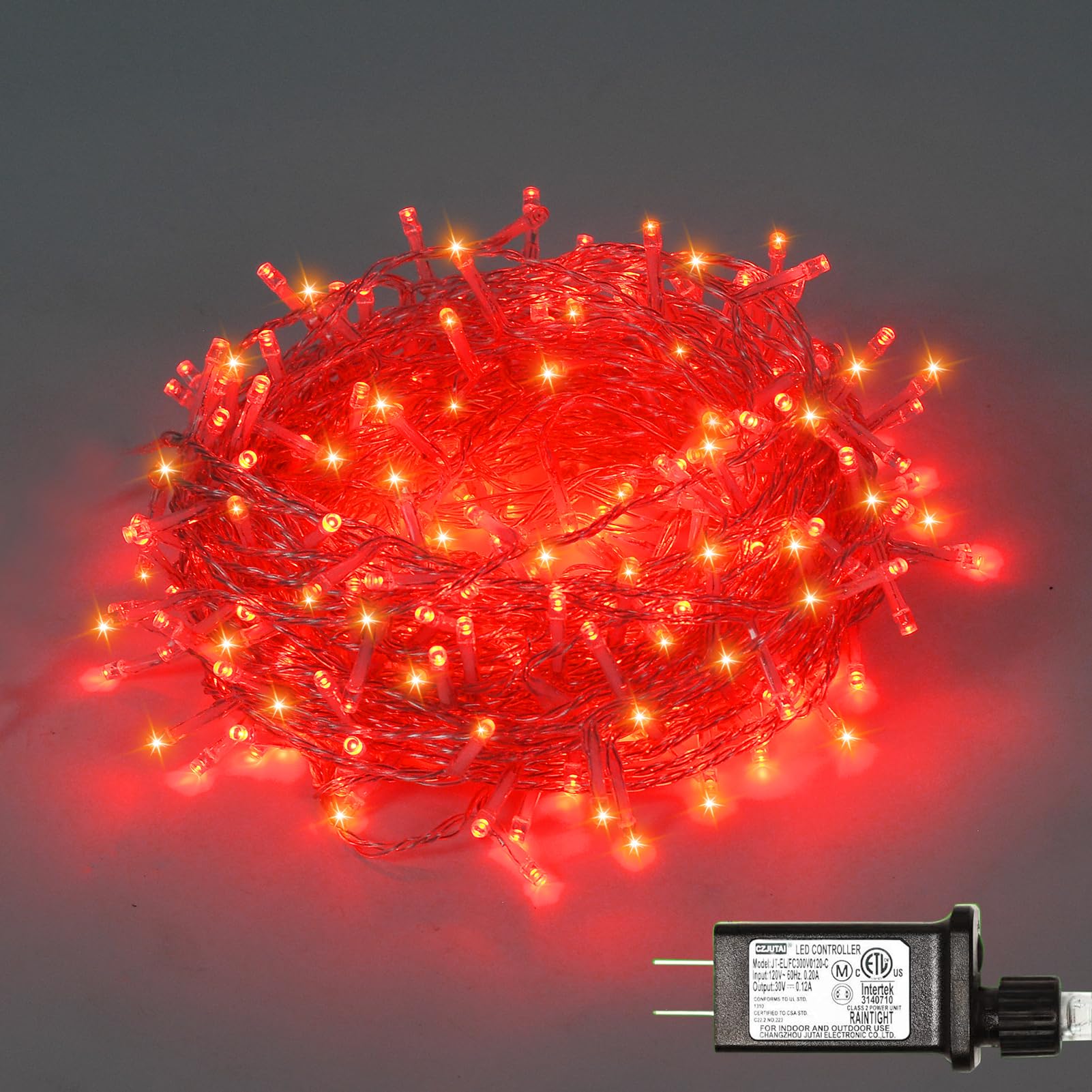 ILLUMINEW 300 LED Red String Lights, Waterproof Christmas Decorations, 108 Ft, 8 Modes, Model JT-ELFC300V0120-C