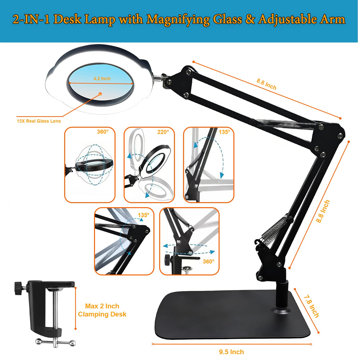 15X Magnifying Glass Desk Lamp With Metal Base, 5 Color Modes 10 Levels Adjustable Brightness, 360 Rotatable Flexible Aluminum A