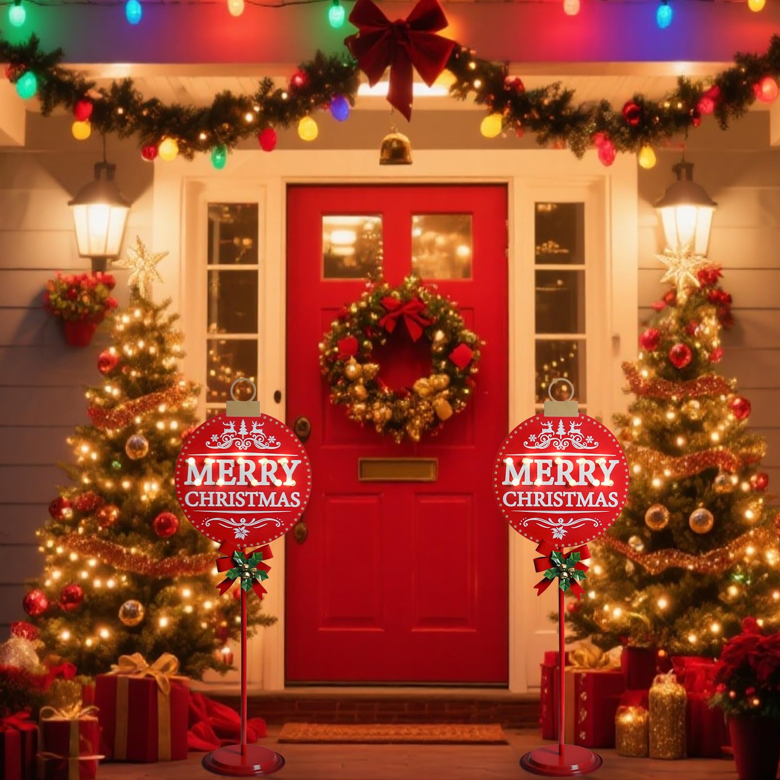 VCUTEKA Merry Christmas Sign with LED Light, 31.5 inches, Metal, Round, Battery Operated with Timer for Outdoor Yard Decor