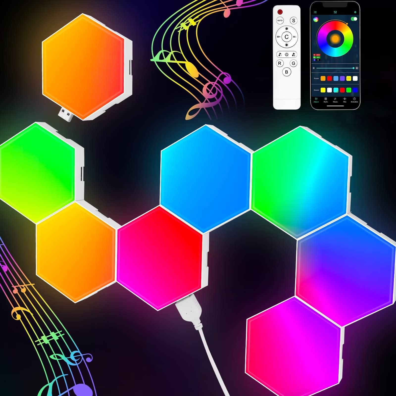 Hexagon Lights (8 Pack) Led Wall Panels, Tisofu Rgb Gaming Lights With App, Smart Modular Panel Hex Tiles Push Glide Expansion S