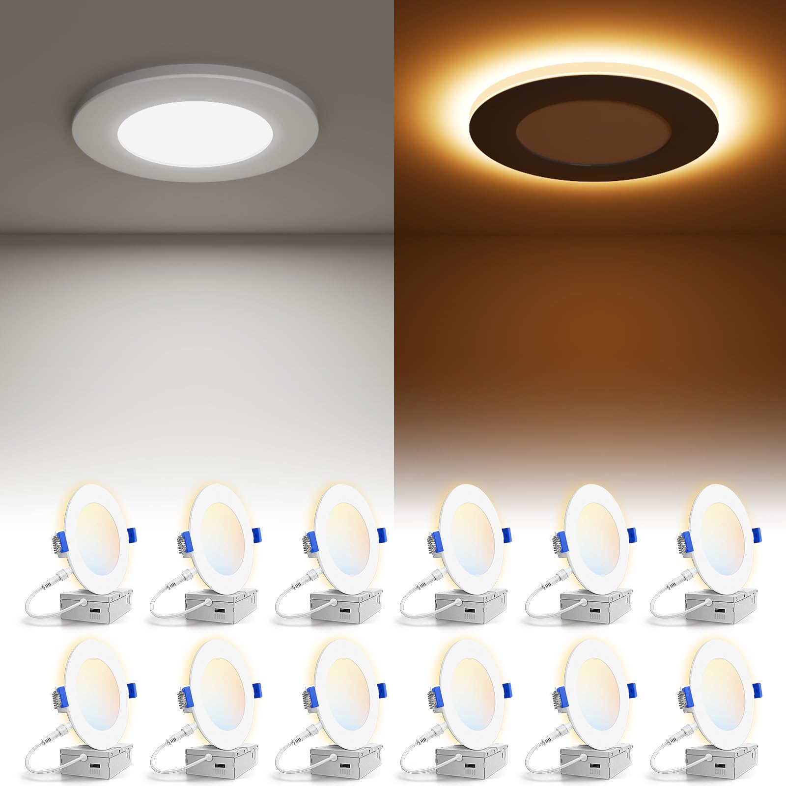 VOLISUN 12 Pack 4 Inch 5CCT Recessed Light with Night Light,Canless LED Recessed Lighting 4 inch,2700K-5000K Selectable,9.5W=80W