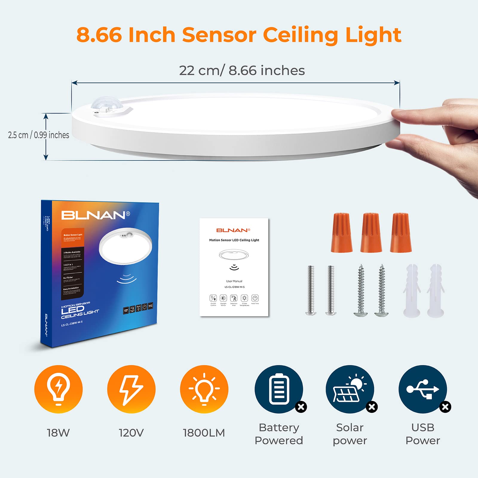 Blnan Motion Sensor Ceiling Light Wired  8.7 Inch 3000K 4000K 5000K Selectable Led Flush Mount Light Fixture  Motion Activated Light With Timer For Hallway Stair Walk-In Closet  Non-Dimmable 1 Pack