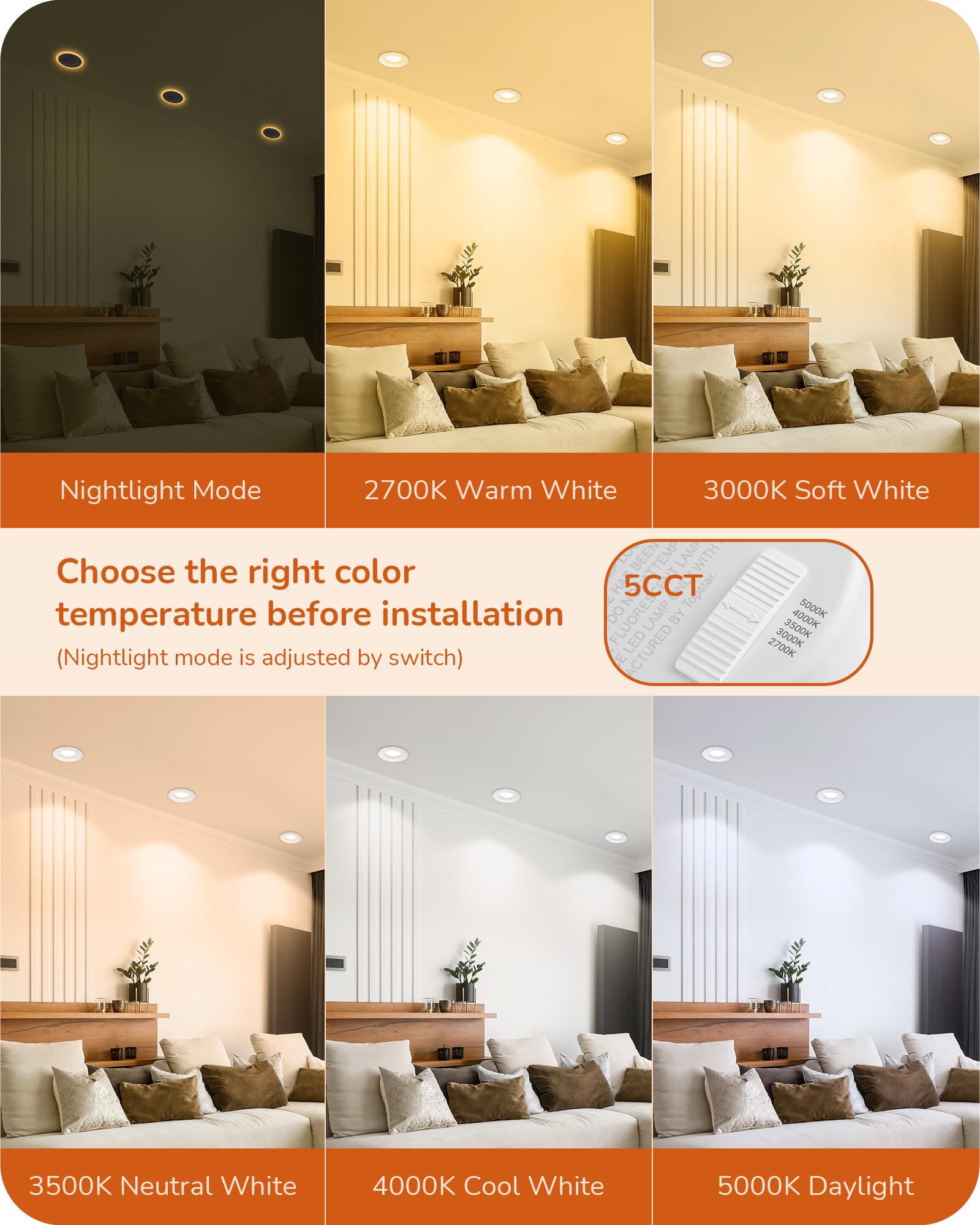EDISHINE 12 Pack 4 Inch Recessed Lighting with Night Light, 5CCT 8W 700LM Ultra-Thin LED Can Lights, 2700/3000/3500/4000/5000K S