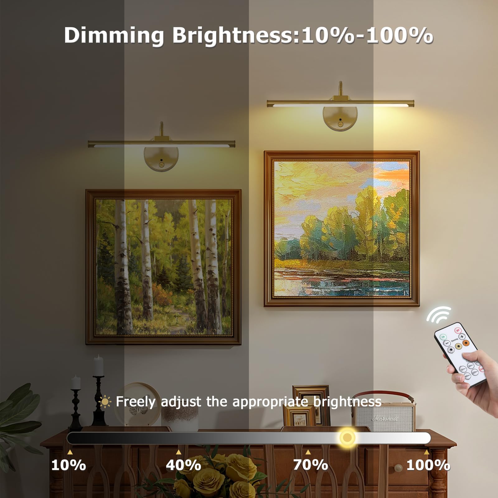 JOOSENLUX Wireless Rechargeable LED Picture Lights - Adjustable Arm, Gold, 12.6 inch, Battery Operated, Remote - 2 Pack