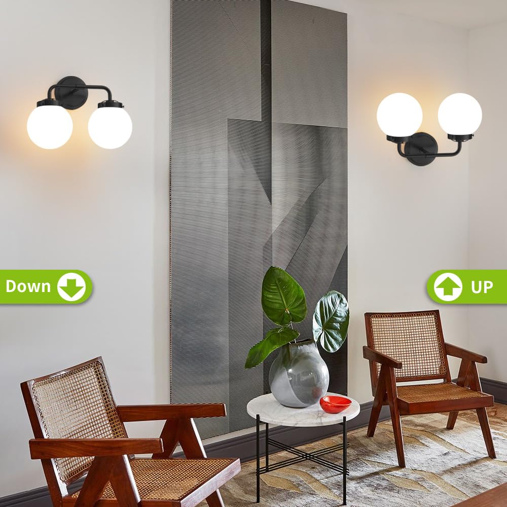 Deyidn Black Bathroom Light Fixtures Over Mirror, Modern Vanity Lighting With Milk White Glass Globe Shades 2-Light Farmhouse Wa