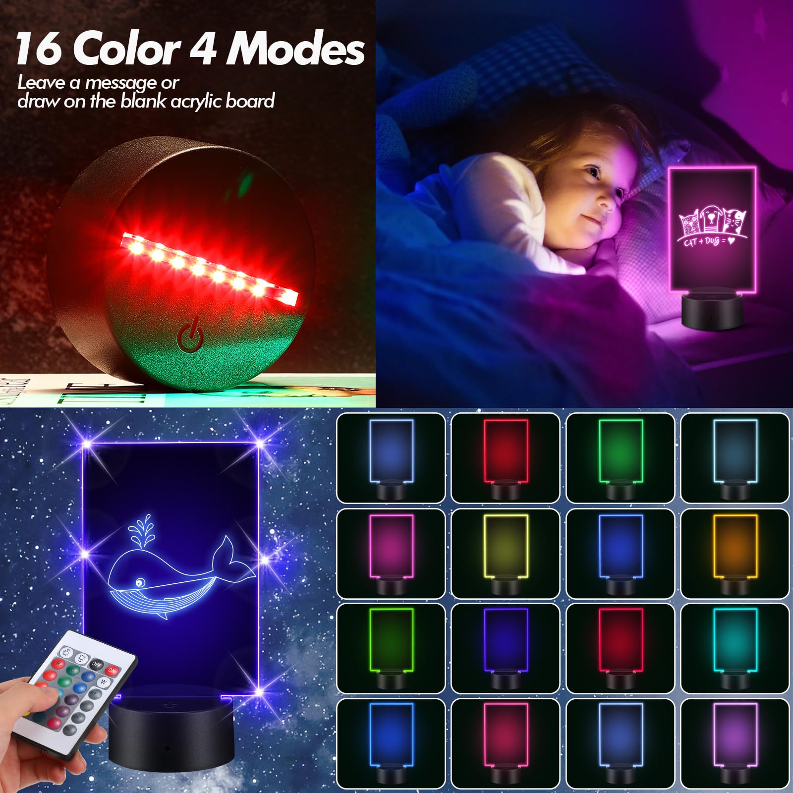 6 Sets 3D Night Led Light Lamp Bases Including 6 Light Display Stands 6 Clear Acrylic Sheets 6 Remote Controls 6 Charging Cables