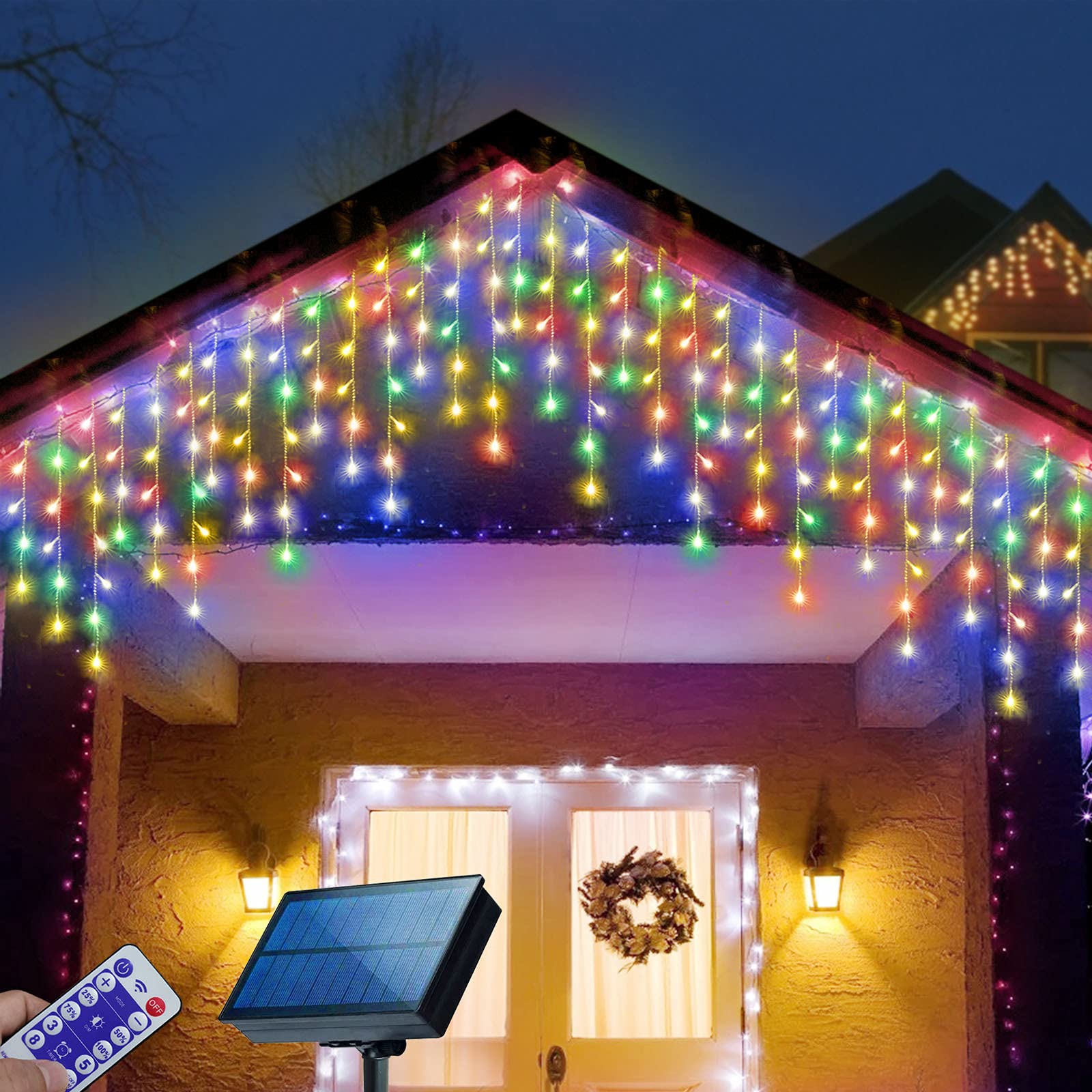 Janchs 304 LED Solar Christmas Lights, Multicolored Outdoor Icicle Lights, 8 Modes Waterproof Solar Powered String Lights for Xm