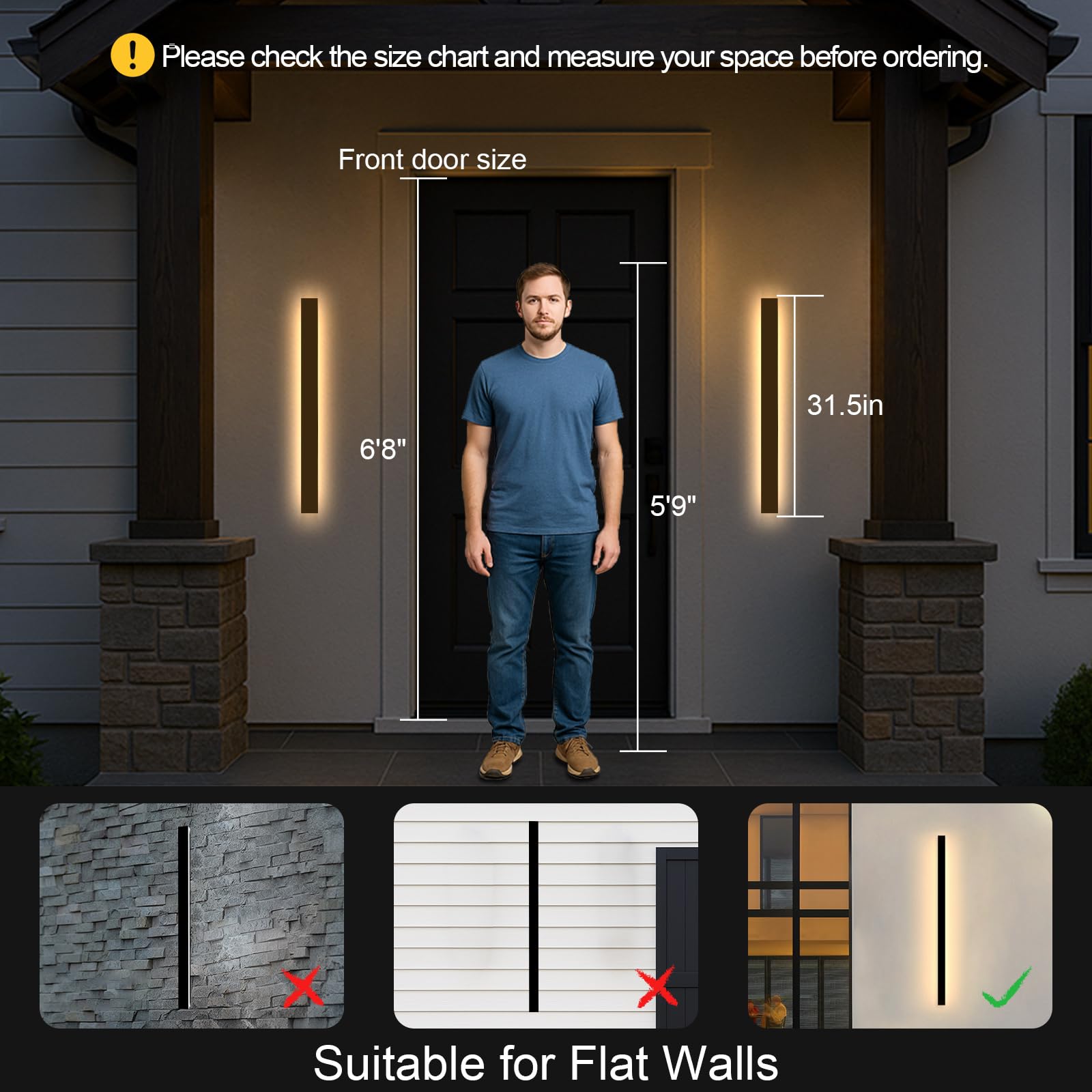 Niuzdu Porch Wall Lights - 31.5Inch Long Strip Modern Outdoor Wall Light Fixture Dimmable Black Wall Mount Exterior Lighting Wall Sconce Outside Garage Lights For House  Courtyard  Corridor
