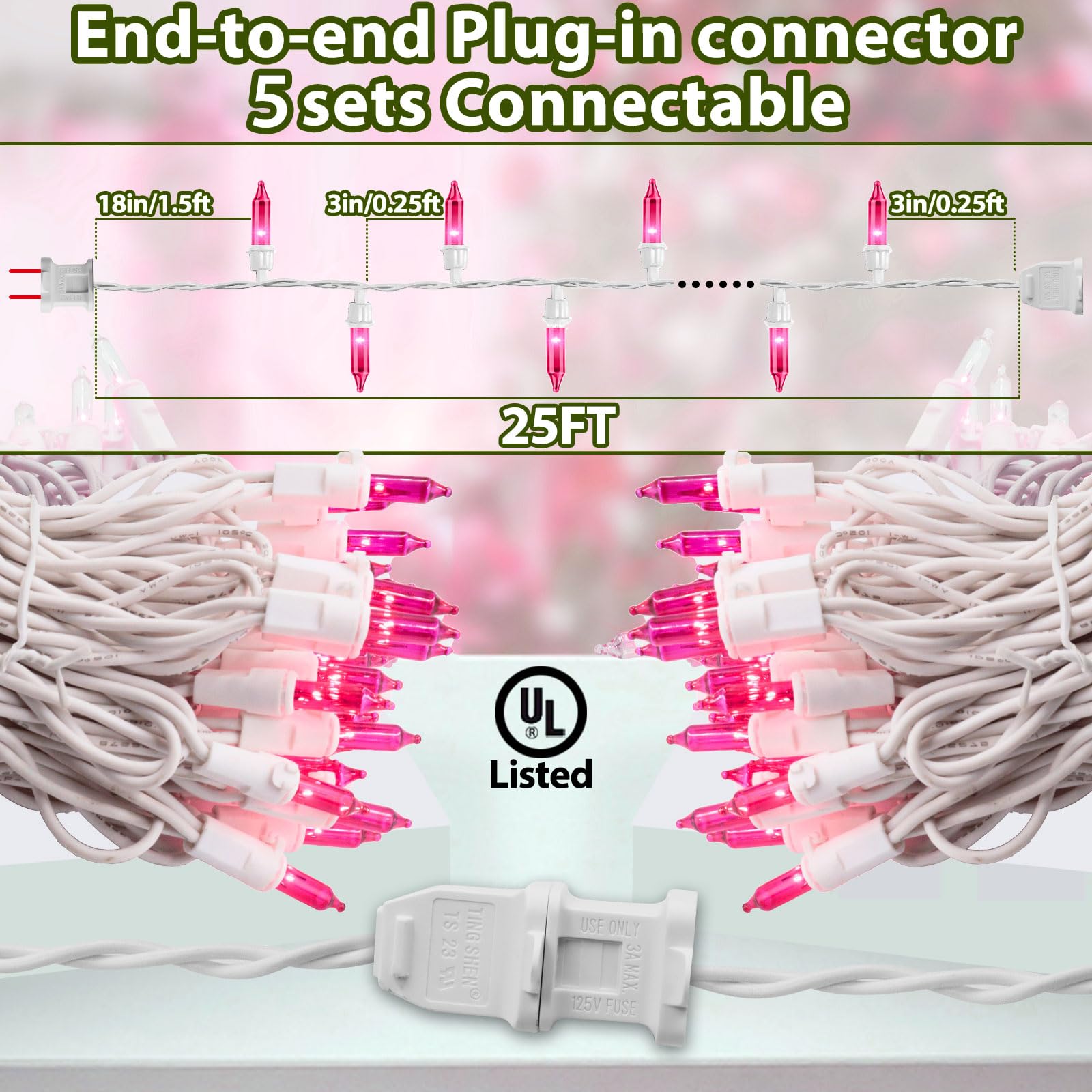 CXLHO Pink Mini Christmas Lights 25FT 100 Bulbs White Wire Indoor Outdoor Decoration