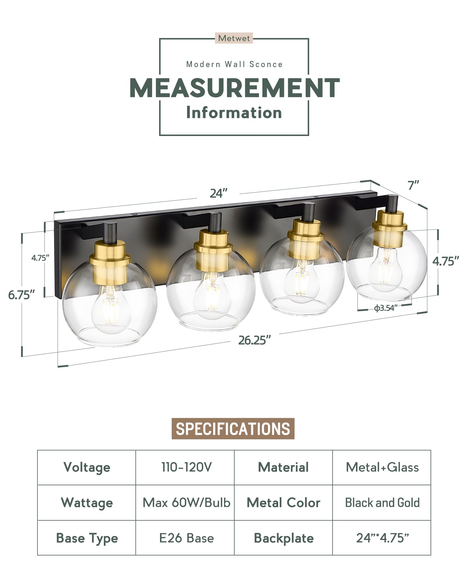 Metwet Bathroom Light Fixtures  4-Light Black And Gold Bathroom Vanity Light  26 Inch Modern Wall Sconces With Globe Clear Glass Shade  Vanity Lighting Fixtures Over Mirror  Vl195-Kg-4