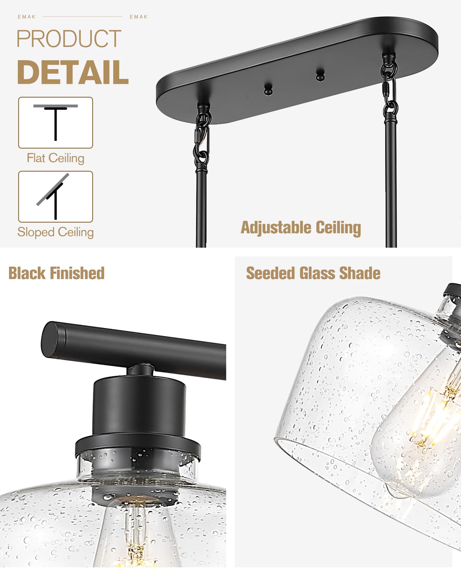 Emak Black Dining Room Light Fixture, Modern 32 Inch Linear Chandelier Lamp With Seeded Glass Shade, Farmhouse 3-Light Kitchen I