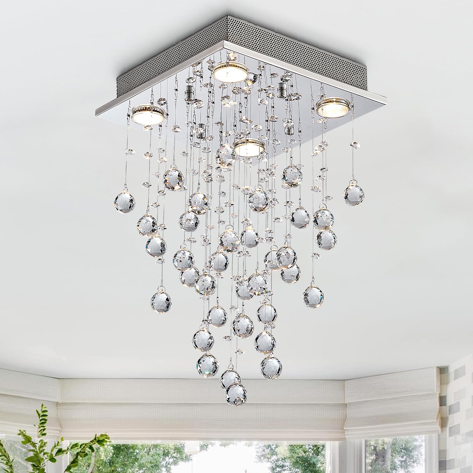 Bestier Crystal Raindrop Chandelier Light Fixture, 12in Wide x 20in High, Flush Mount, 4 GU10 Bulbs Required, Model AK-AJ-18034