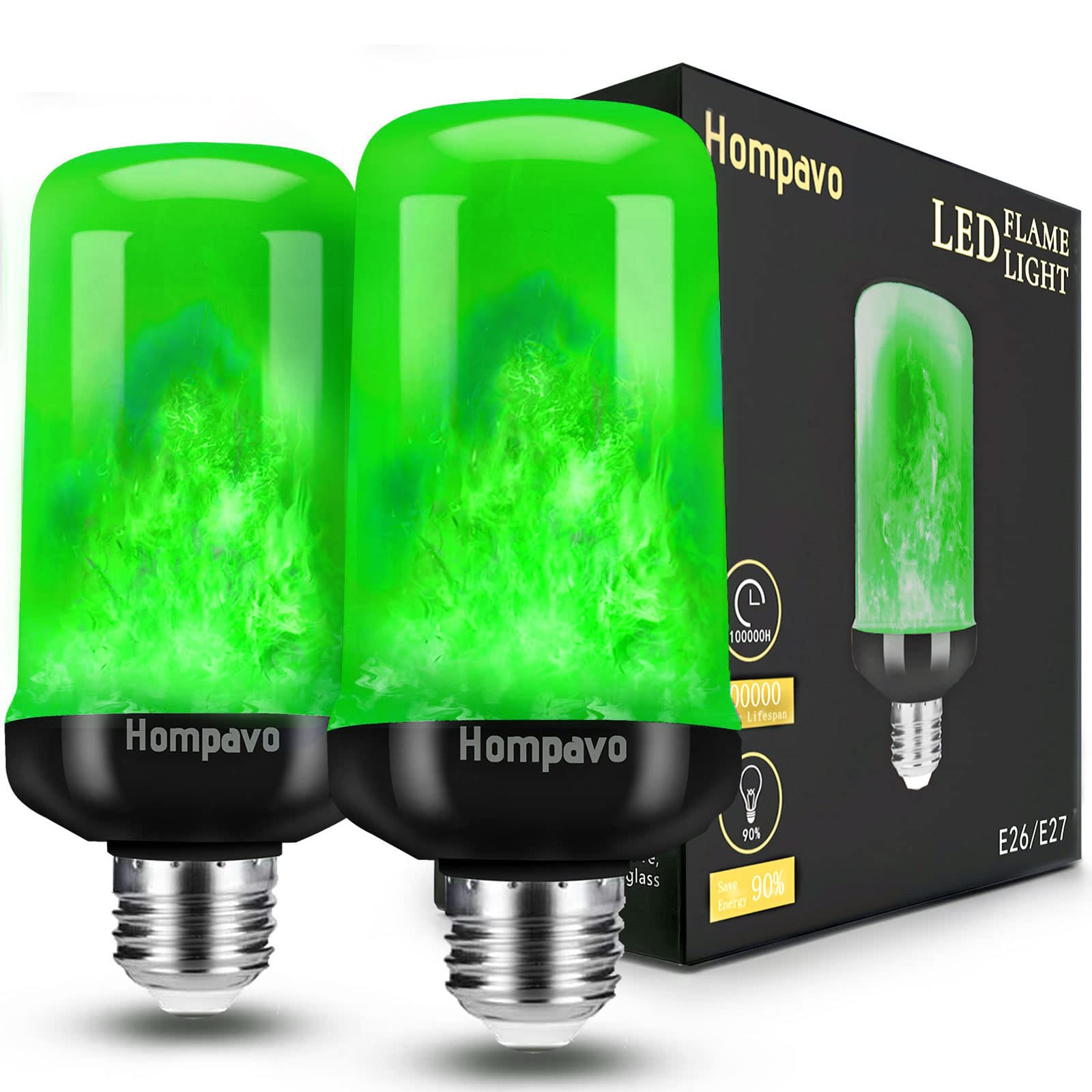 Hompavo LED Flame Light Bulbs, Green Flickering Effect, E26, 2 Count, Polycarbonate, Model HP-FLB-04