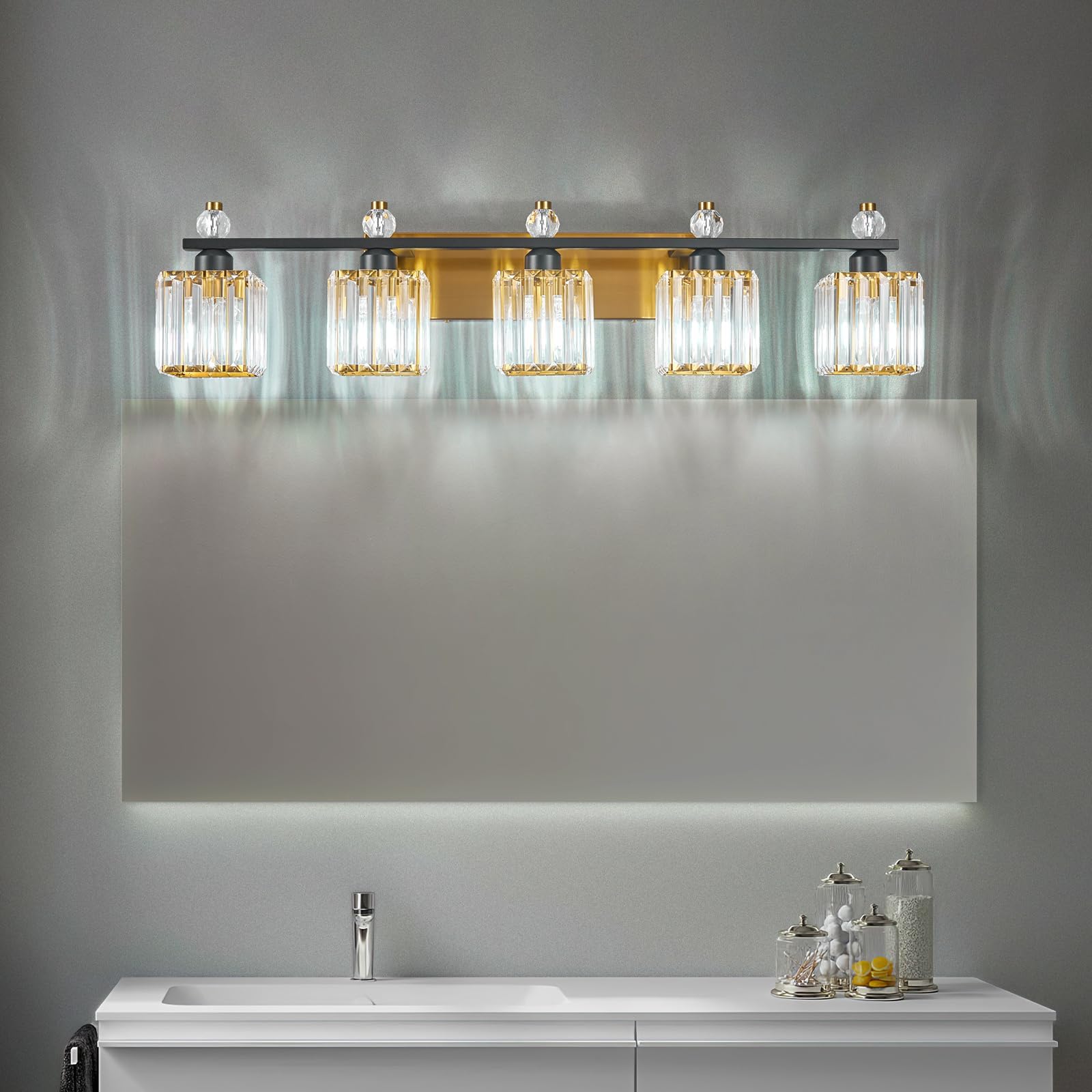 FDPBY 5-Light Crystal Vanity Light Black Gold Modern Bathroom Fixture Model 290
