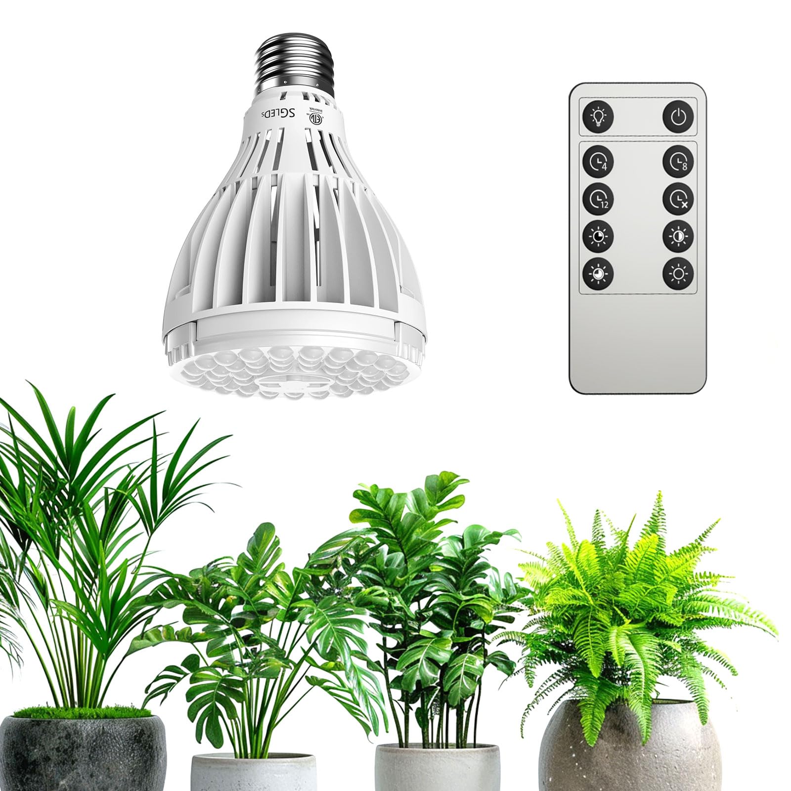 SGLEDs Dimmable Grow Light Bulb, Full Spectrum, 32W PAR20, Grey, Model C23ZW005, Remote Control, Auto On/Off Timing