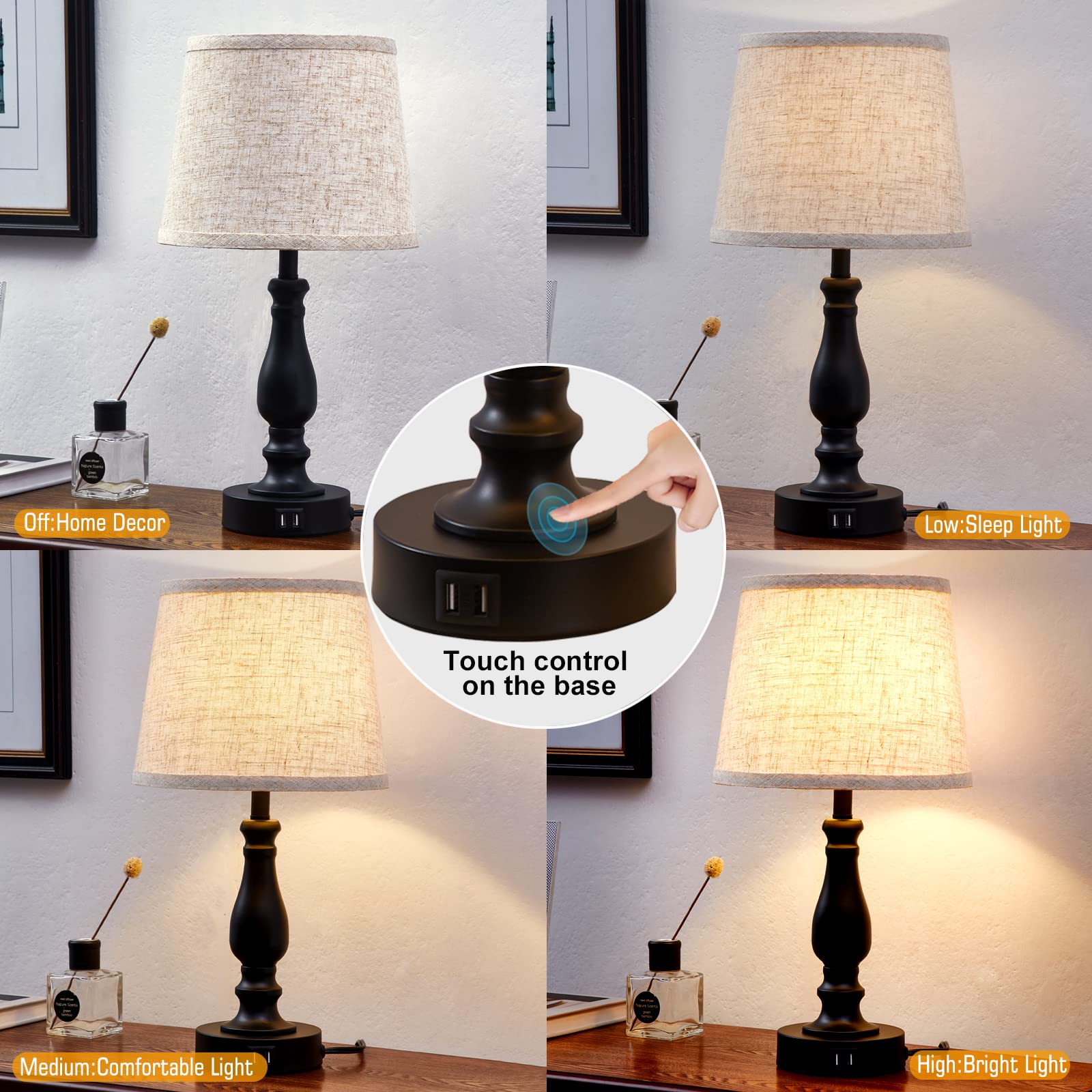 EJIAXIN Table Lamps Set of 2 - 3-Way Dimmable Touch, Beige Linen Shade, USB Charging Ports, Modern Design, Model E-98008A