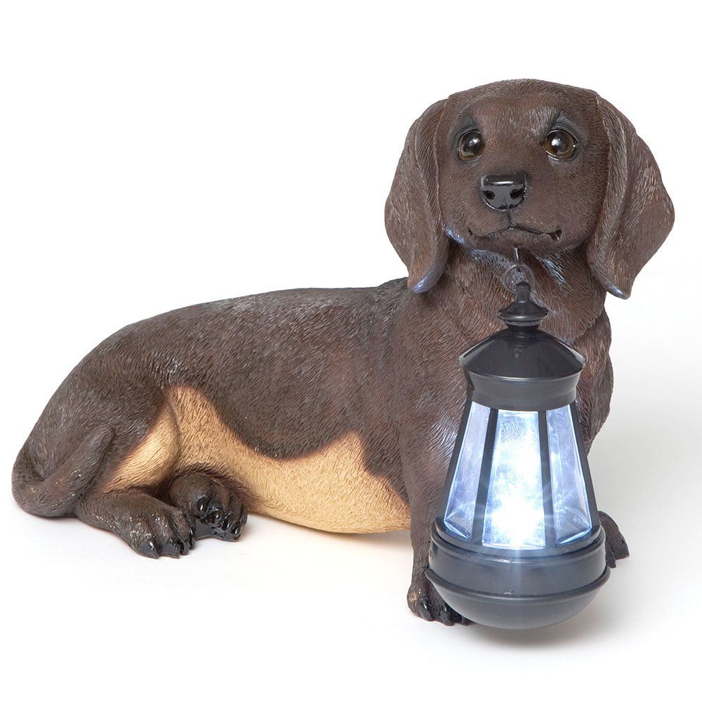 Bits and Pieces Dachshund Solar Lantern Statue - Brown Resin Dog Sculpture with LED Light - #41121 Outdoor Décor