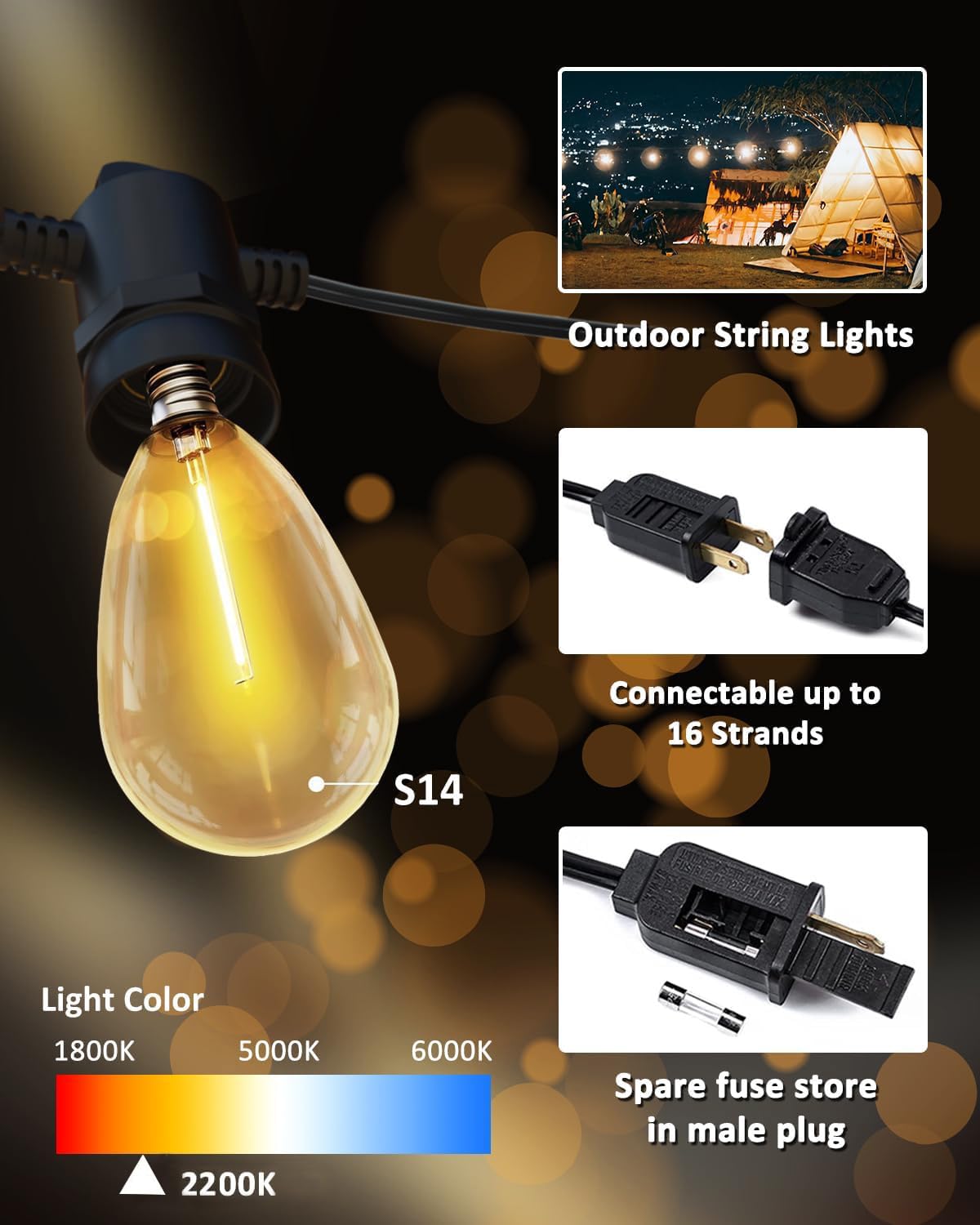 Meidaoduo Outdoor String Lights 26FT 13+1 S14 Bulbs IP65 Waterproof 2200K Copper