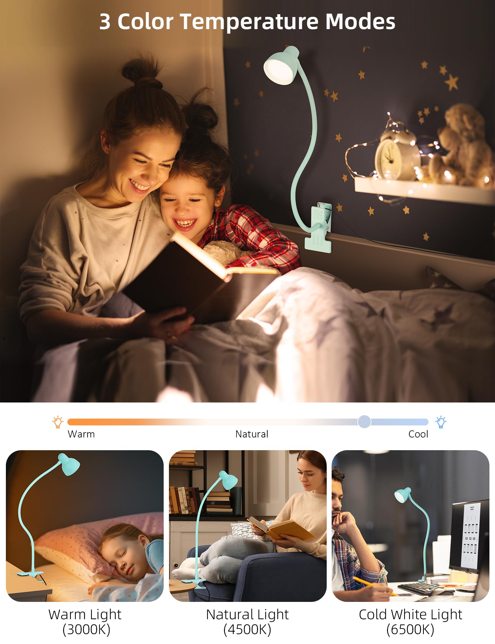 Lifmira Clip On Reading Light For Bed 3 Color Modes, 10 Brightness Dimmable, Flexible Gooseneck Clip On Lamp, Eye Care Clip Ligh