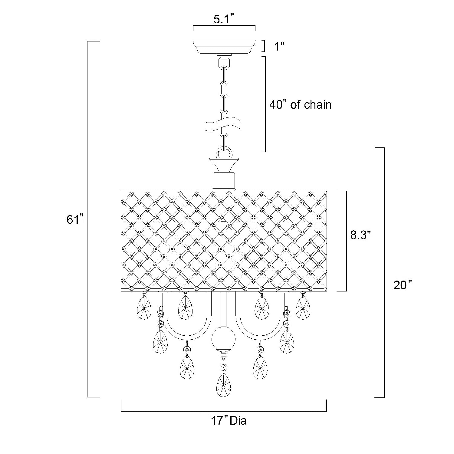 Edvivi Chrome 4-Light Round Crystal Chandelier Ceiling Fixture, Beaded Drum Shade, Model Epg801Ch