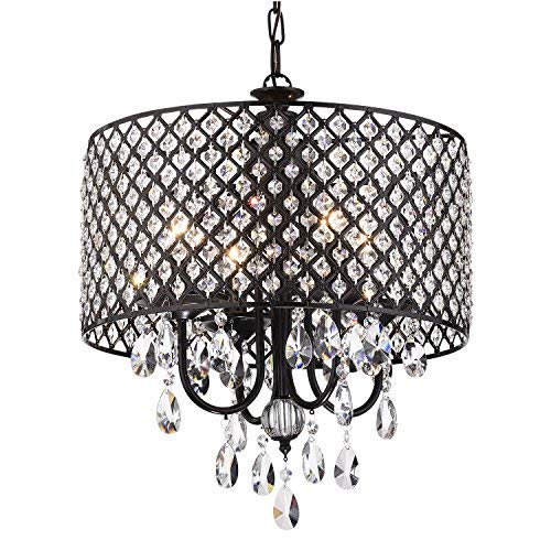 Edvivi Drum Crystal Chandelier, 4 Lights, Adjustable Ceiling Light, Black Finish, Metal, Model EPG8015BK