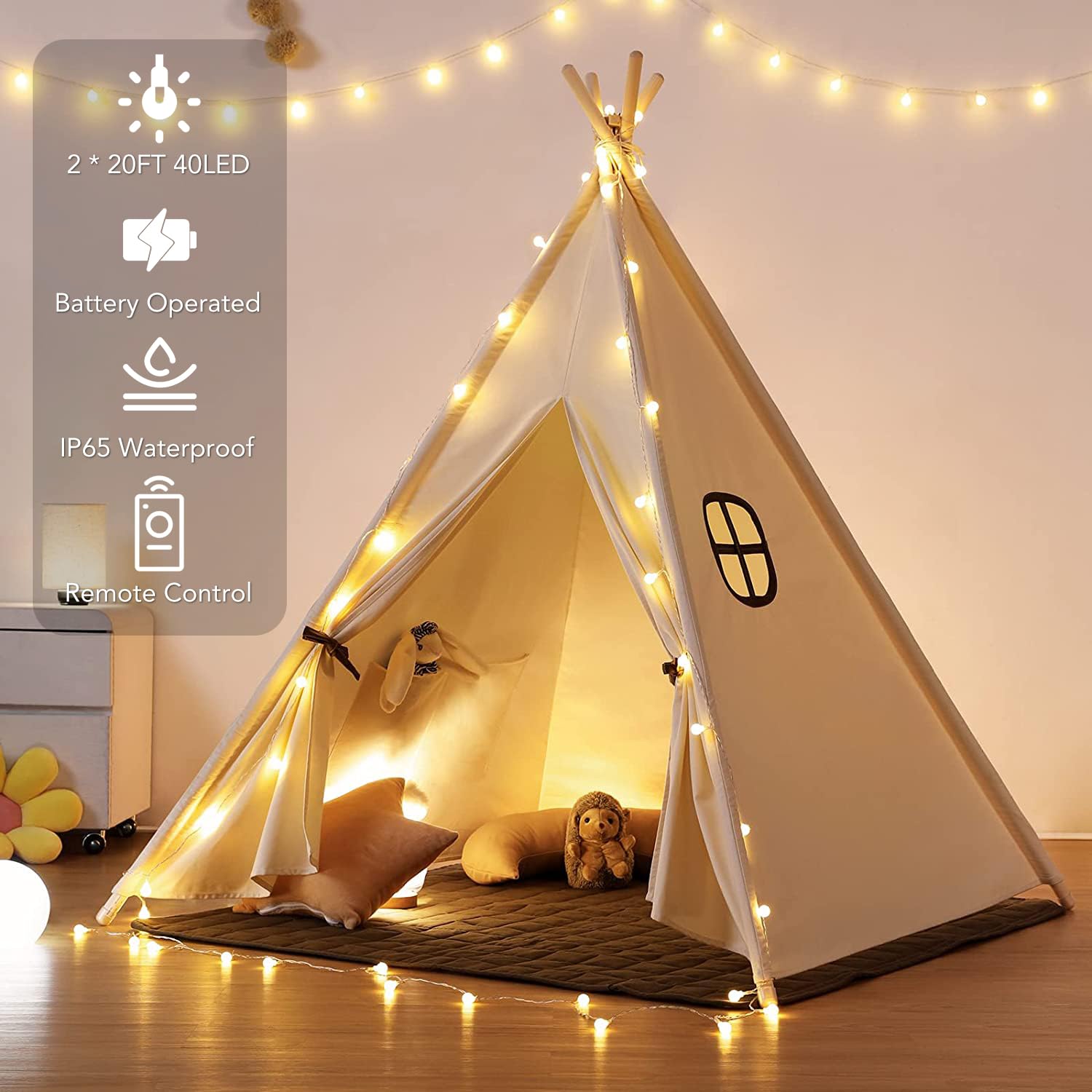 Tasodin 20Ft 40 Led Globe String Lights - Battery Operated, Warm White, 8 Modes, Remote Control