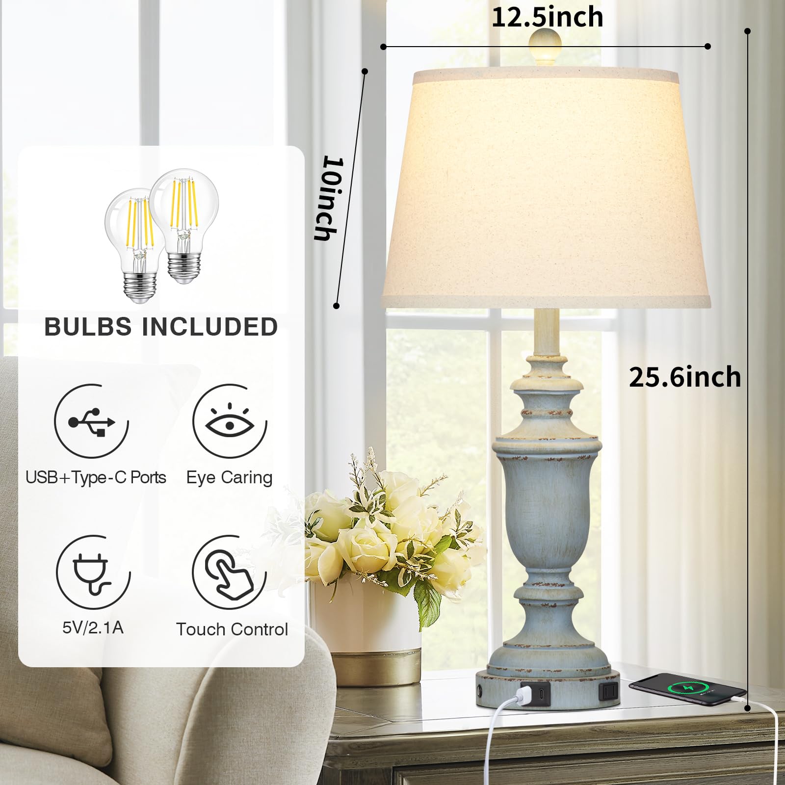 Cinkeda 25.6&quot; Coastal Table Lamps Set Of 2, Usb Ports, 3-Way Dimmable, Retro