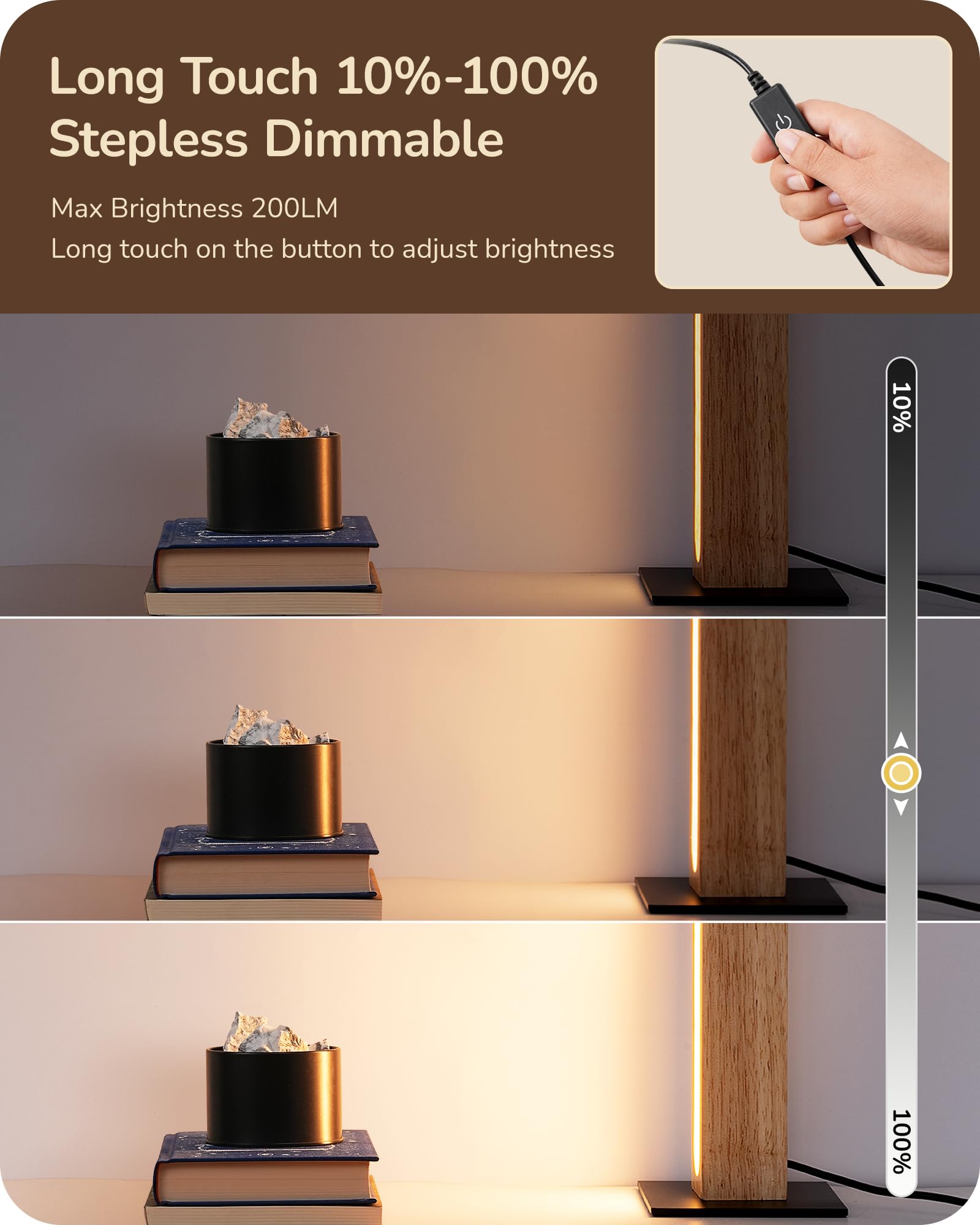 EDISHINE LED Wood Table Lamp - 3-Color Minimalist Design, Stepless Dimmable, Touch Switch, Square Nightstand Lamp, Light Color