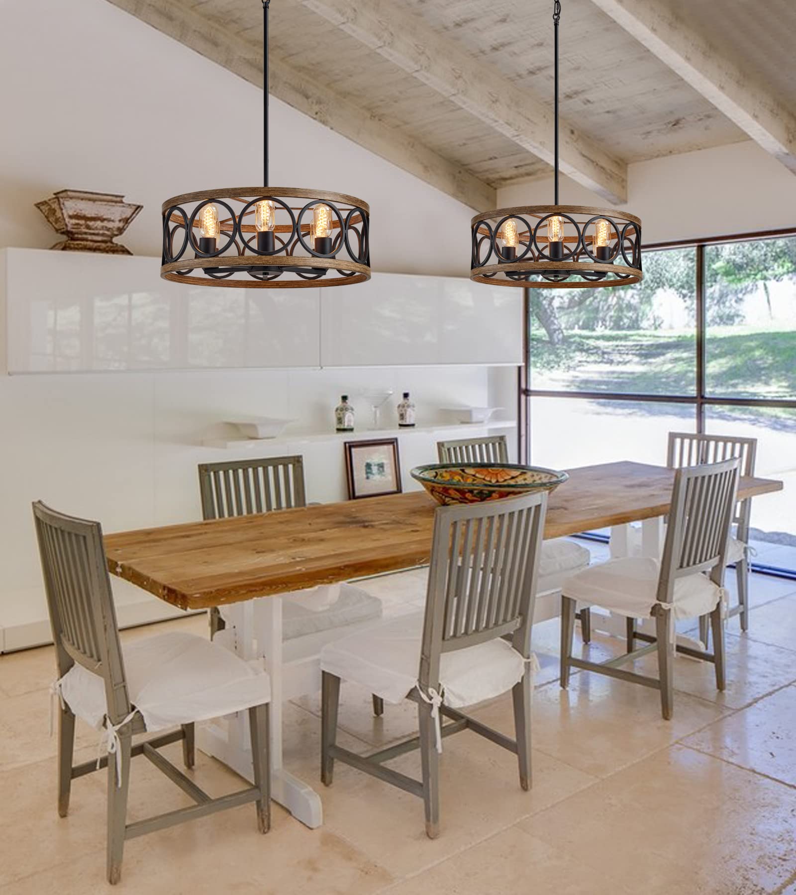 MEIXISUE Modern Farmhouse Drum Chandelier, 6-Lights, Retro Wood Finish, Antique Metal, Model MX-P2139-6B for Kitchen, Dining, Living Room