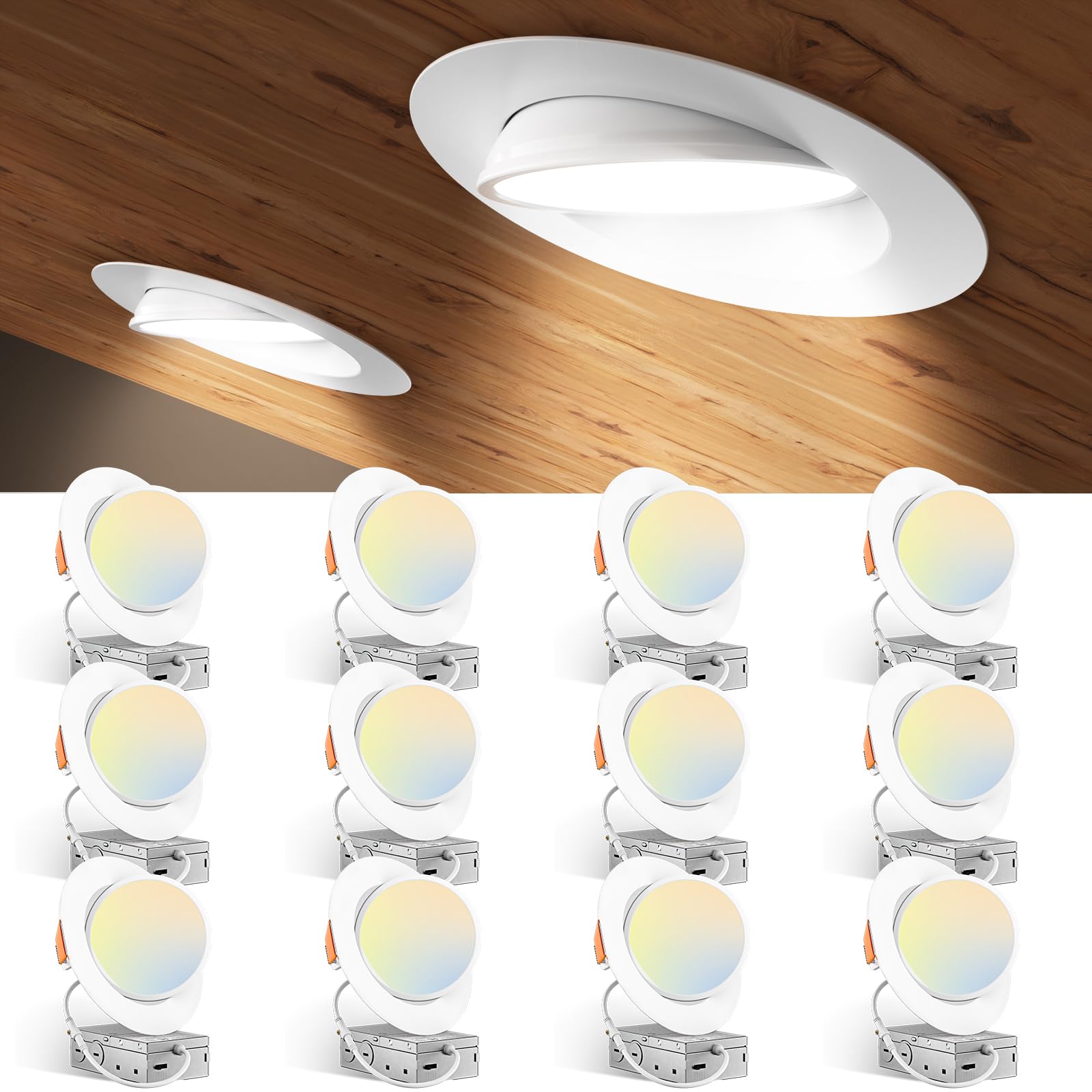 Amico 12 Pack 6 Inch 5Cct Gimbal Led Recessed Lighting, 360°&90°Adjustable Eyeball Directional Downlight, Dimmable, 2700K/3000K/3500K/4000K/5000K Selectable, 12W 1200Lm Cri90+, White, Etl&Fcc