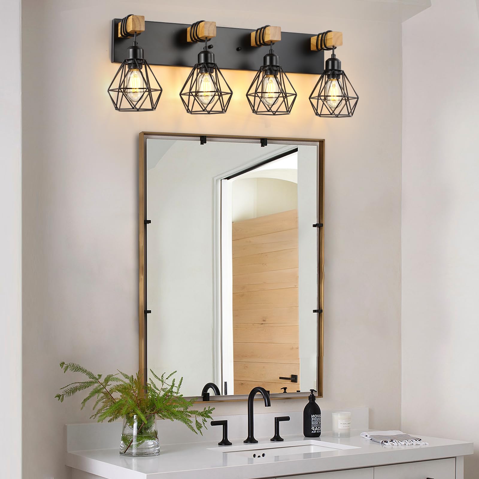 4-Light Farmhouse Bathroom Vanity Light Fixtures, Wood Bathroom Light Fixtures Over Mirror, Rustic Sconces Wall Lighting With Elegant Metal Lampshade For Living Room, Bedroom, Hallway