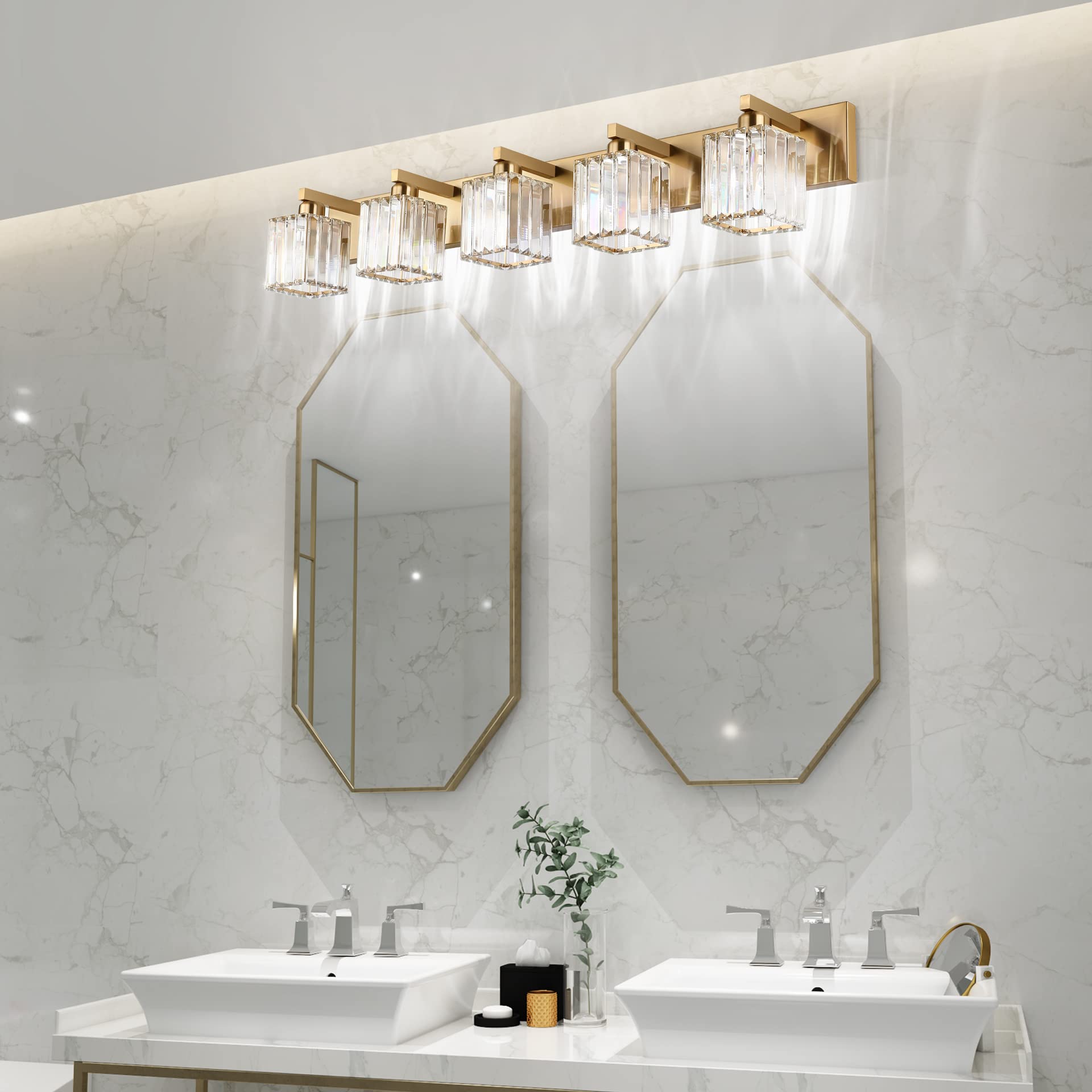 Aipsun Bathroom Vanity Lights Fixtures Crystal Vanity Light 5 Light Modern Brass Bathroom Lighting Fixtures (Exclude Bulb)
