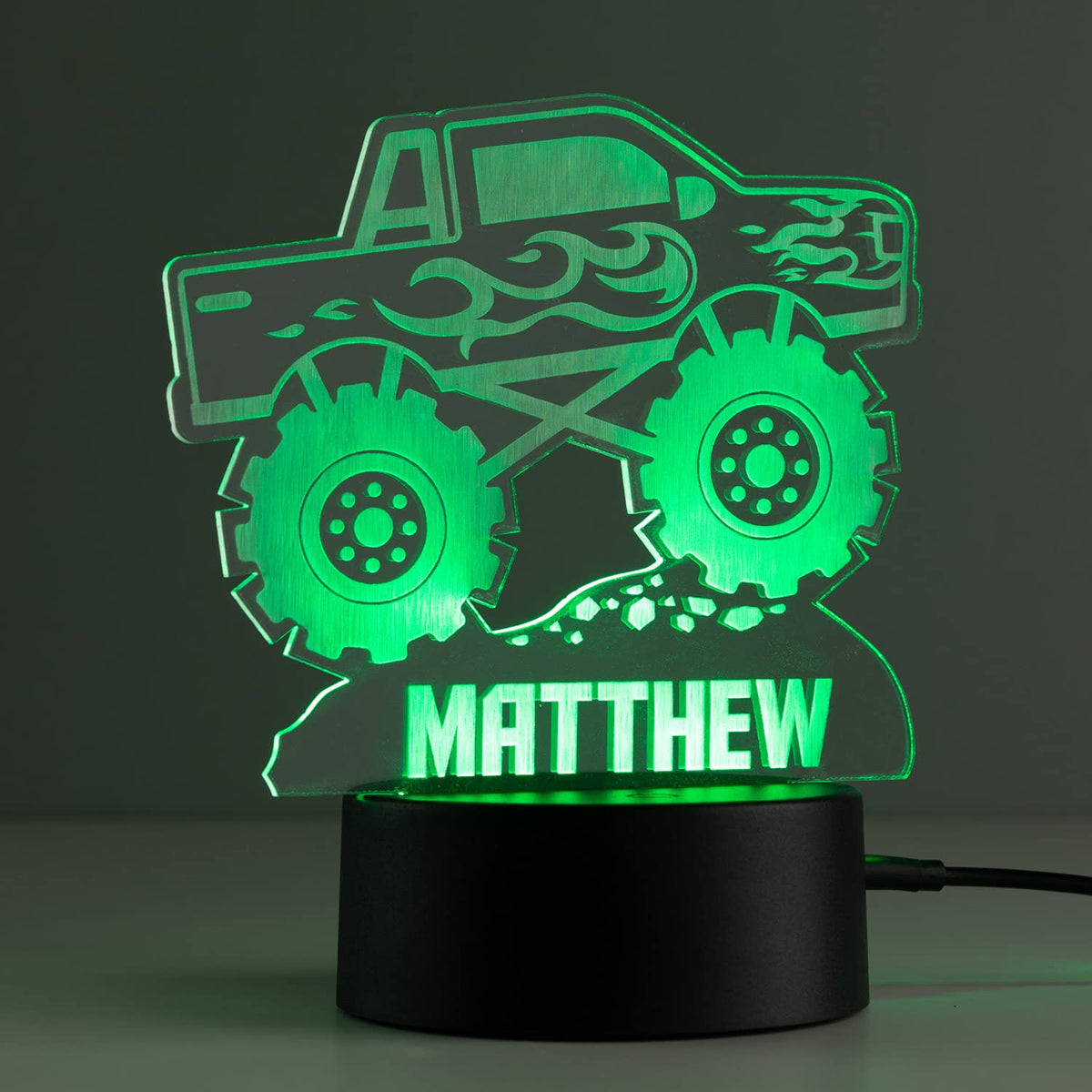 Personalized Planet Monster Truck Multicolor LED Night Light with Custom Name Laser Engraved on Acrylic Design Insert | Base Pro