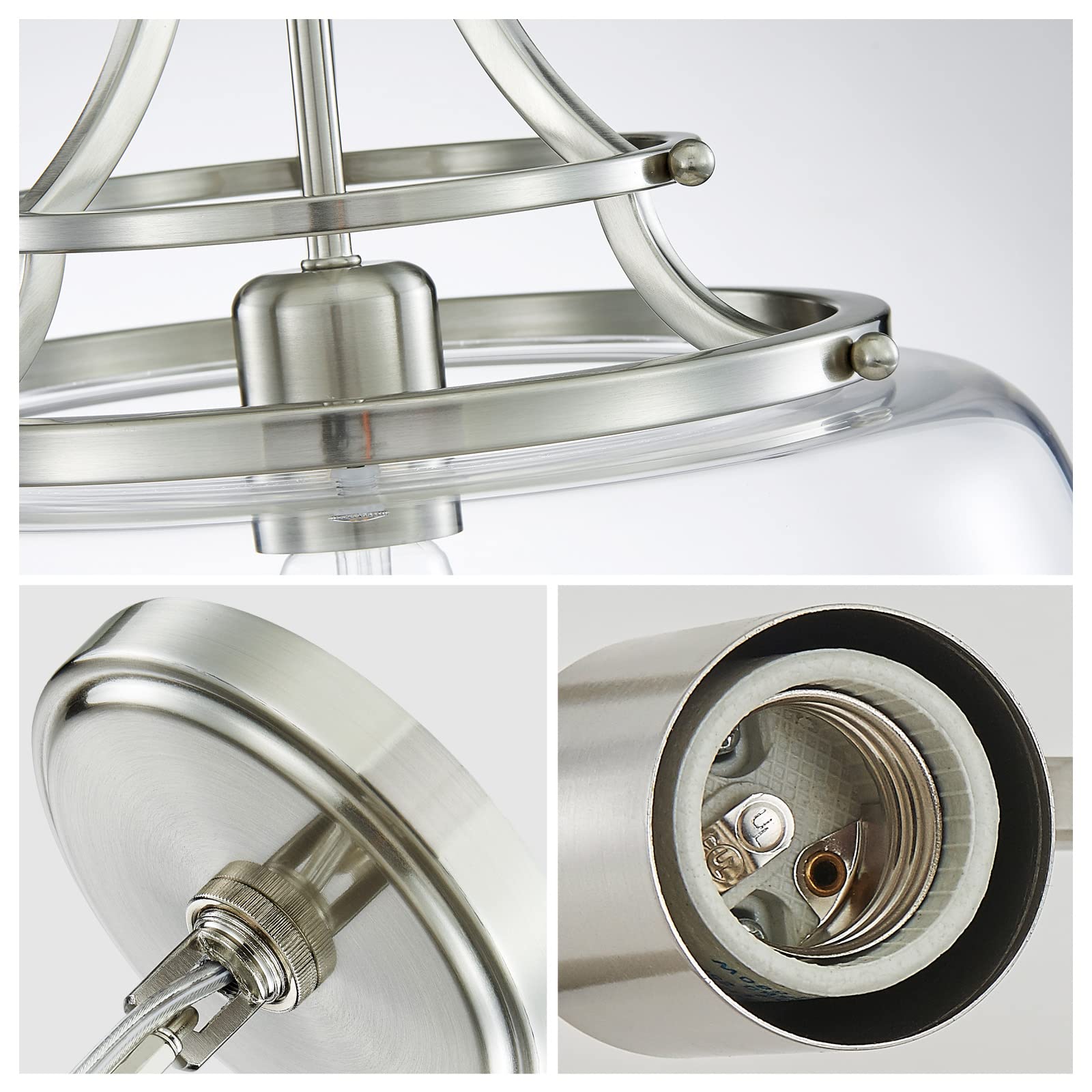 Wuzups Rustic Industrial Chandelier Pendant Light, Brushed Nickel, 17&quot; H, Clear Glass Shades