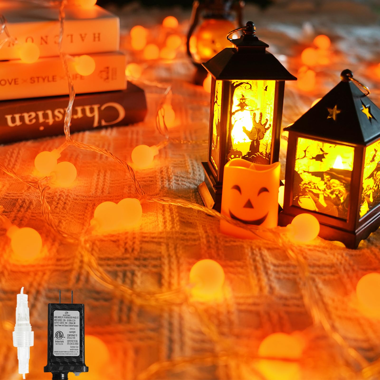 LORRYTE Connectable Globe String Lights - 100 LED, 43FT, Orange, Waterproof, 13 Modes, Halloween Decor, Model GP-SW290DC0209-IP44