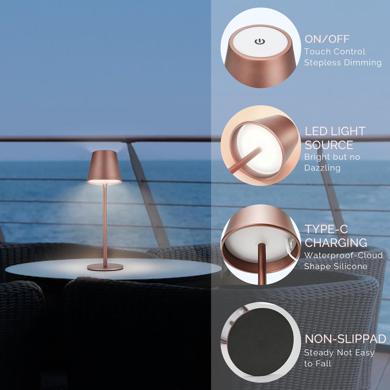 Maksone LED Cordless Table Lamp, 6600mAh Rechargeable, 3000K Dimming, IP54 Waterproof, Brown, Model USH2405-WT2PCSWW