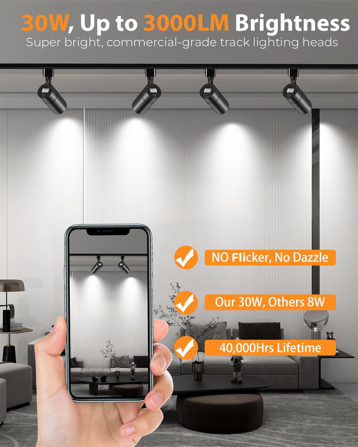 Vanoopee 30W Dimmable 3-Color Led Track Lighting Heads, Adjustable Bright Ceiling Spotlight, Black 4 Pack