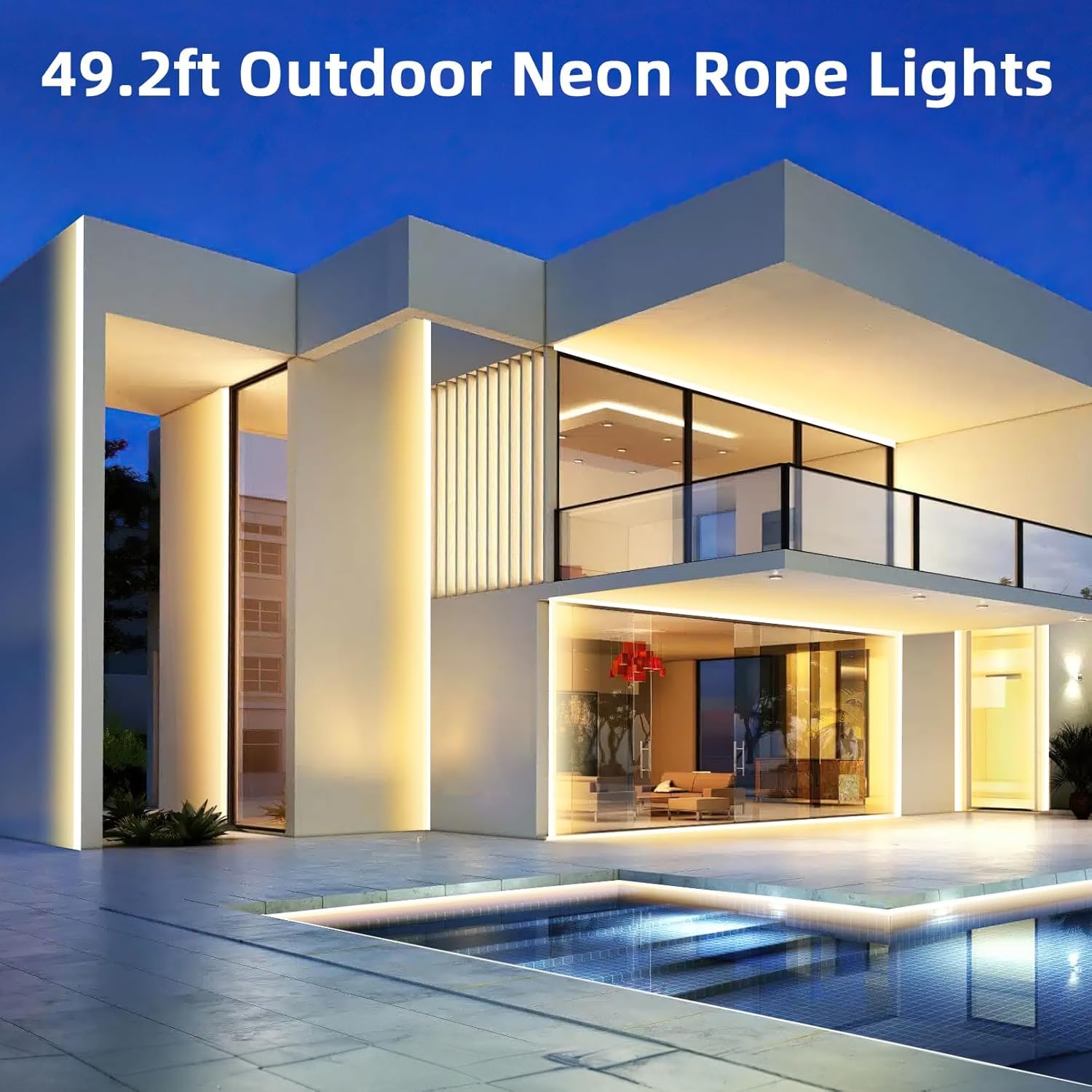Lamomo Outdoor Neon Rope Lights, 49.2Ft Warm White Ip65 Waterproof Dimmable Led Strip Lights, 24V 3000K Silicone 1800 Leds Neon