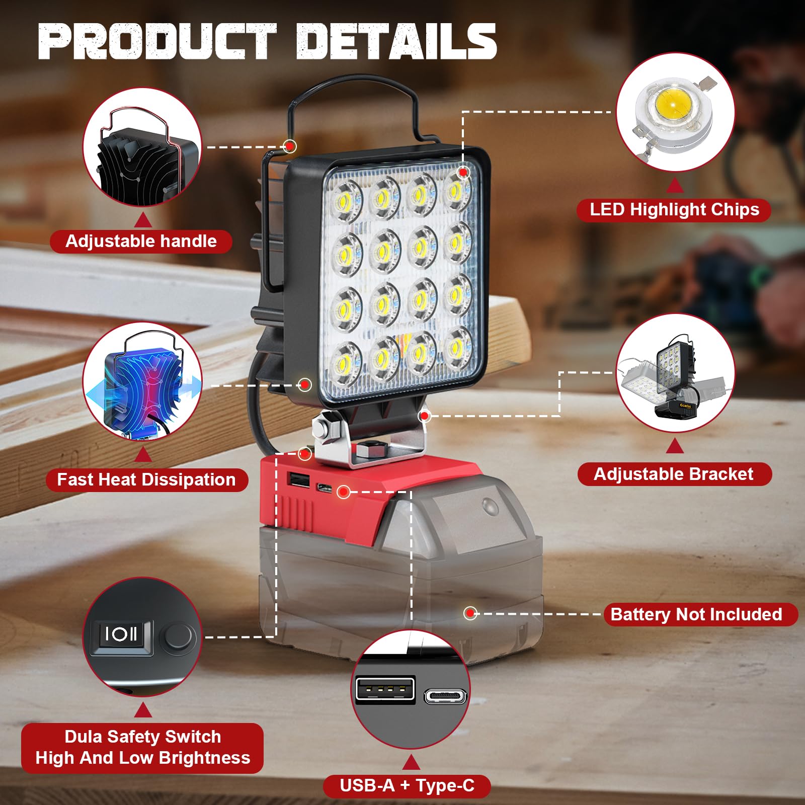 Upgrade Dual Switch Cordless Work Light For Milwaukee Light,Ecarke 60W 6000Lm Led Work Light For M18 Battery Flashlight,With Dua