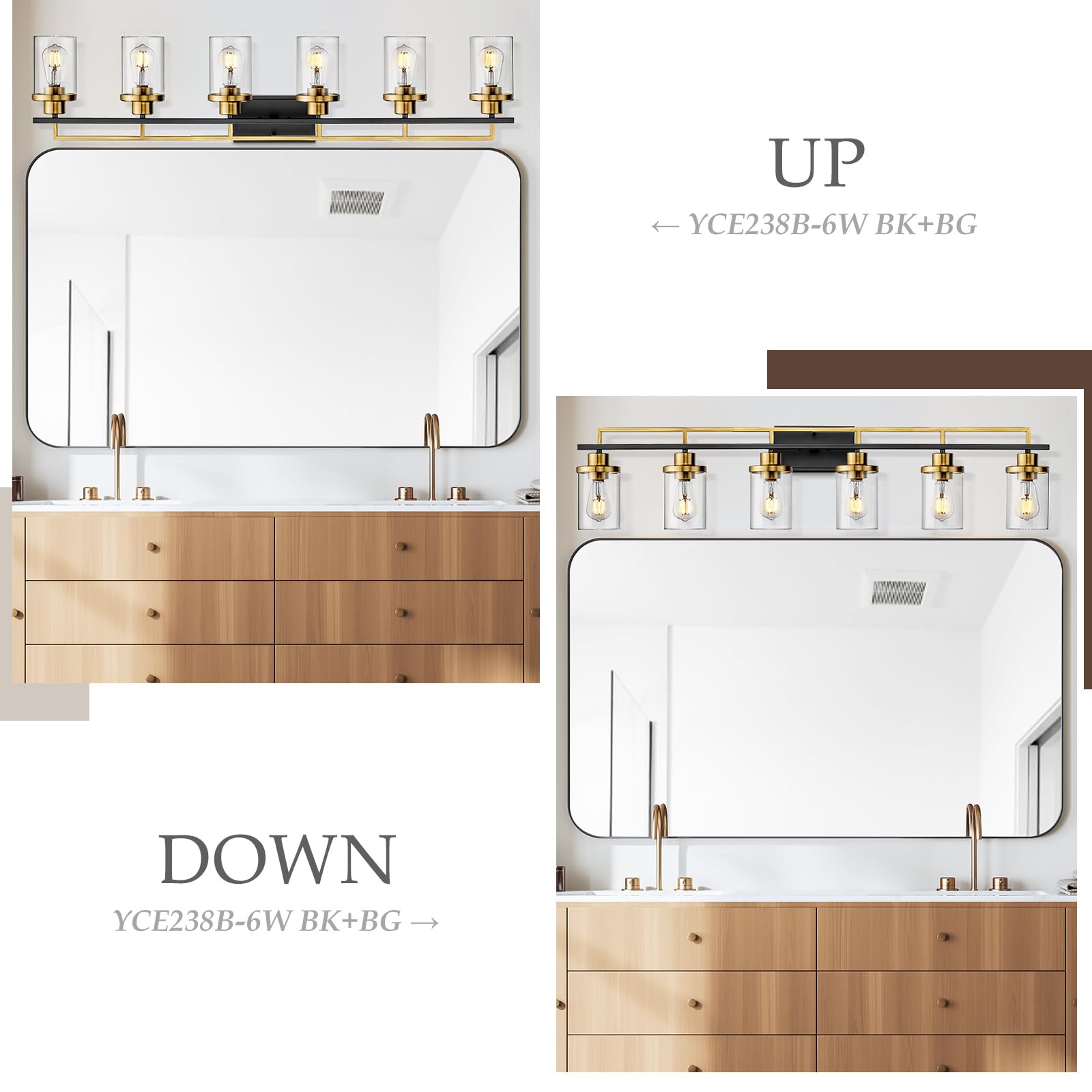 Emliviar 6-Light Farmhouse Wall Sconces, Black & Gold Metal Bathroom Lighting, Model YCE238B-6W BK+BG