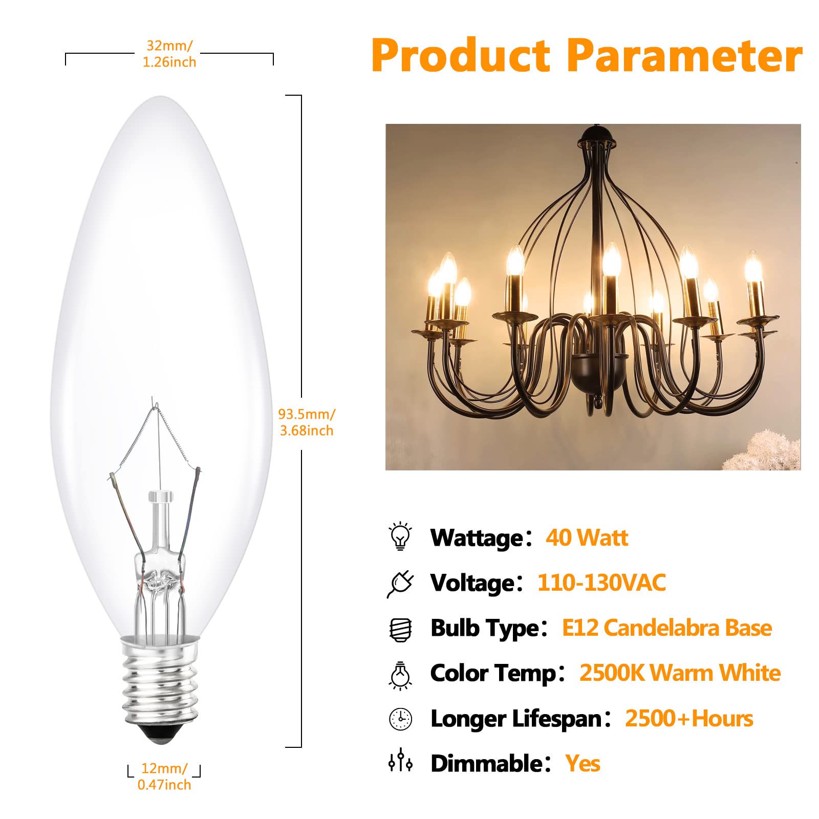 Brightever Vintage Incandescent Light Bulbs, 40W B10, 380 Lumens, Clear Dimmable E12, Warm White, 12-Pack, Glass, C32 Model