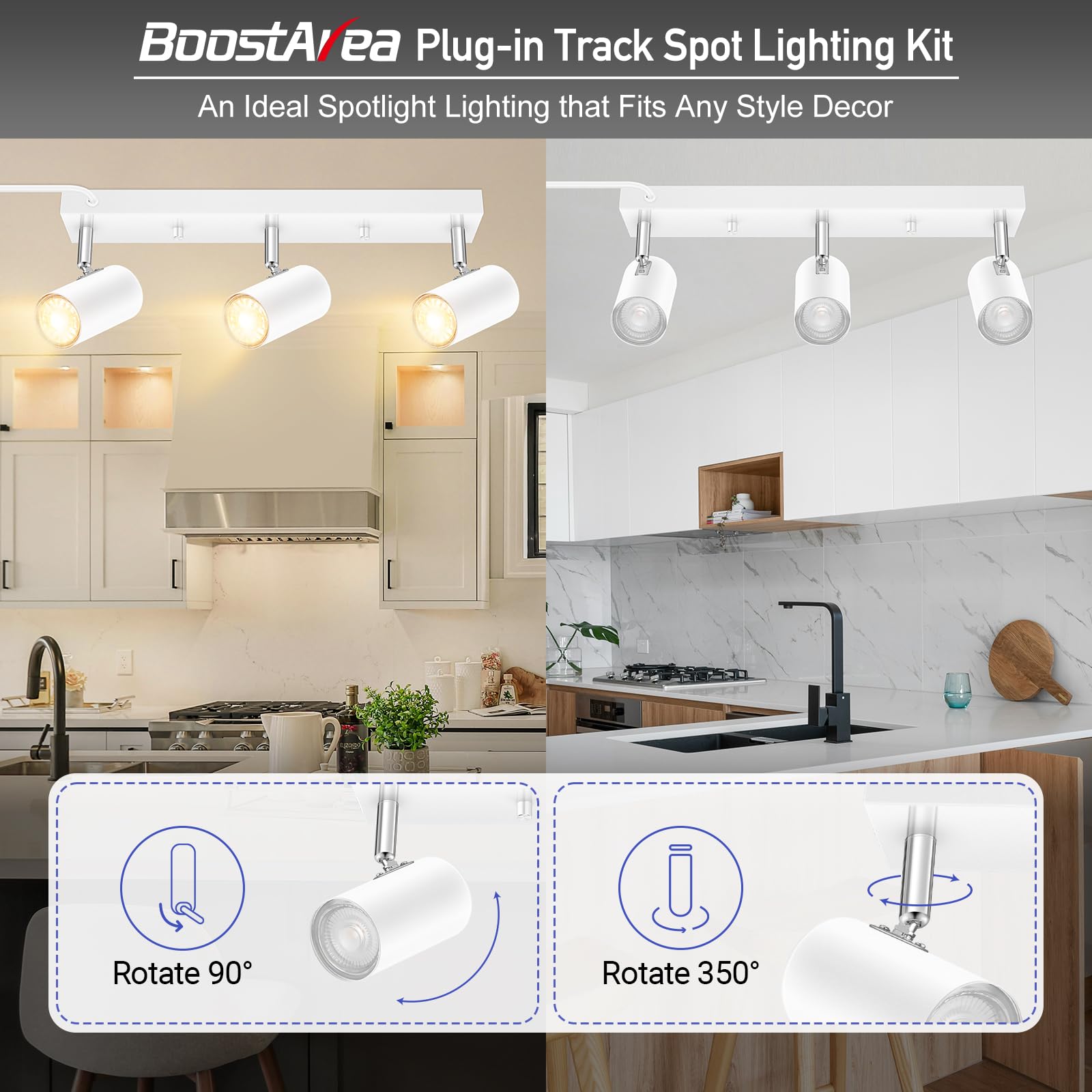 Plug In Track Lighting, 3 Light Ceiling Lighting Kit, White 3 Way Modern Wall Spotlight, 15 Ft Cord,Flexibly Rotatable Complete