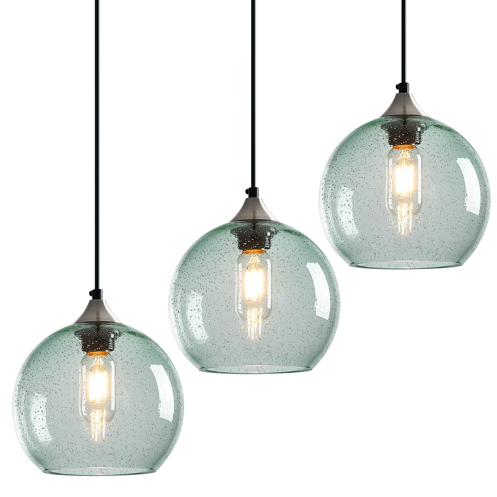 Lbsqj Light Green Glass Pendant Lights Kitchen Island Lighting Globe Pendant Light Fixtures Modern Pendant Lighting For Bedroom Living Dining Room Light Fixture (7.87 In  3 Pack)