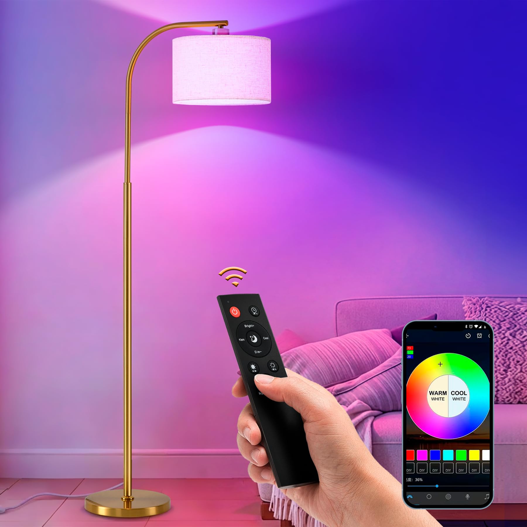 KQW Floor Lamp for Living Room with Remote,Dimmable Tall Standing Lamps,Modern Gold Floor Light with Smart RGB Bulb,App Control,