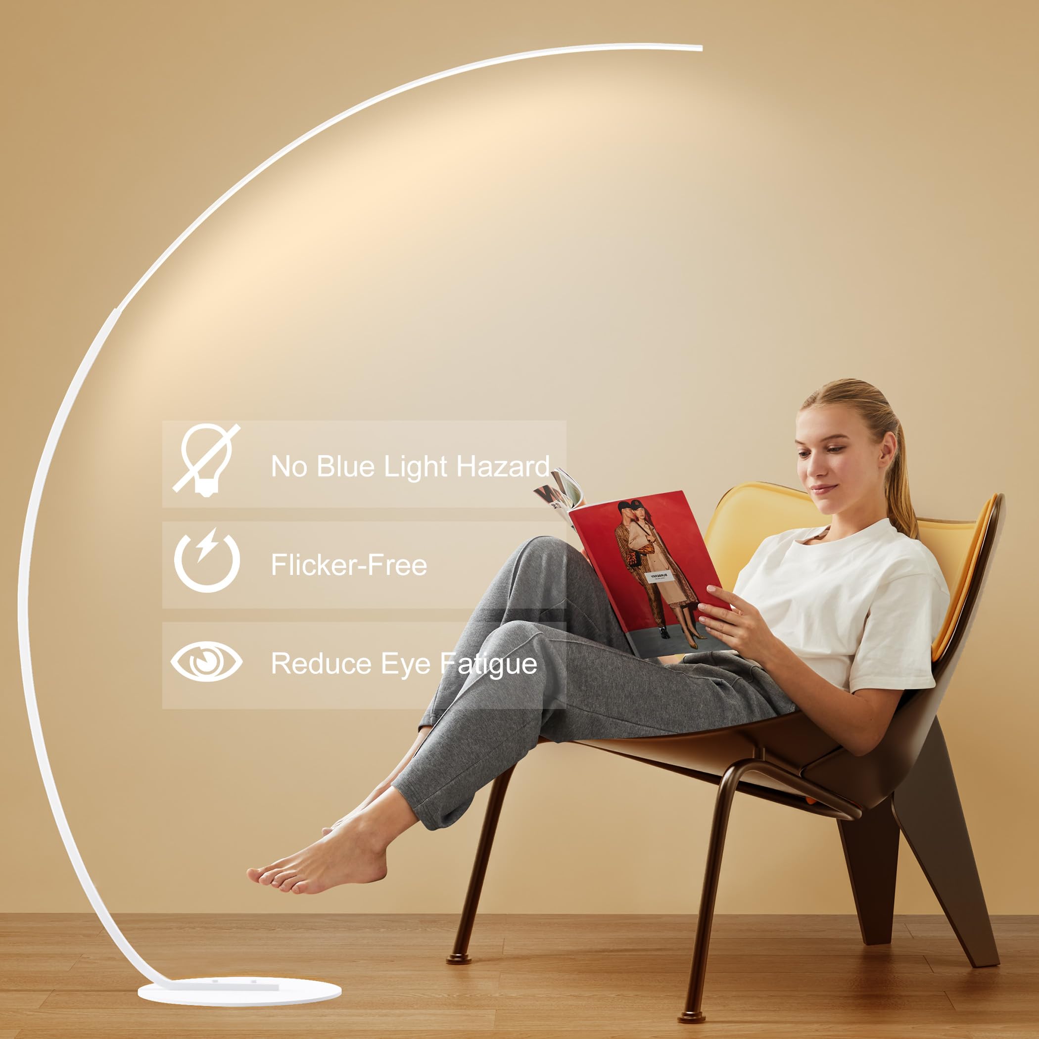 Adjustable White Light Modern 69.99 Inch Arched Standing Reading Floor Lamp With Remote - Dimmable White Led Curved Light For Be